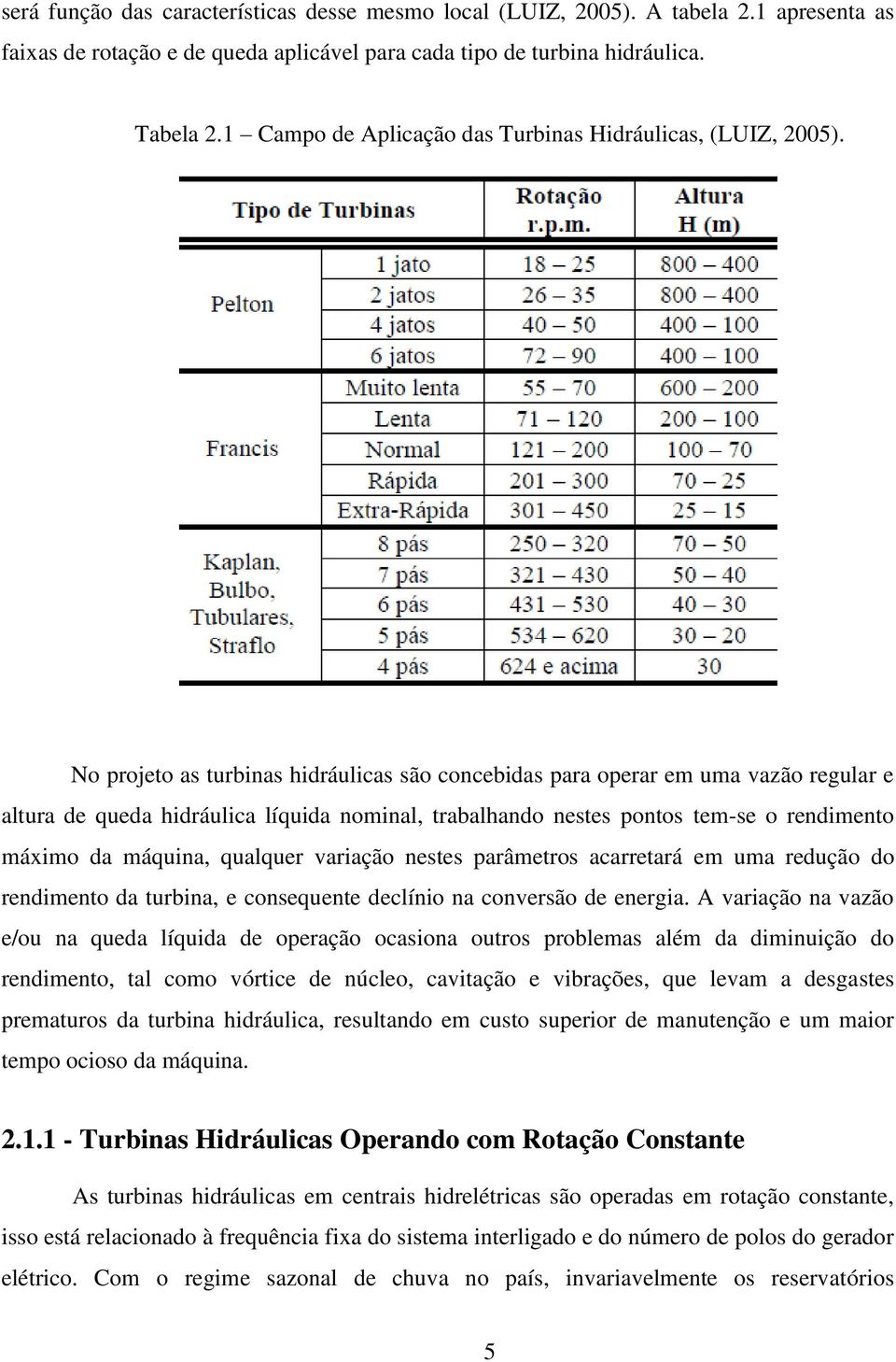 No projeto as turbinas hidráulicas são concebidas para operar em uma vazão regular e altura de queda hidráulica líquida nominal, trabalhando nestes pontos tem-se o rendimento máximo da máquina,