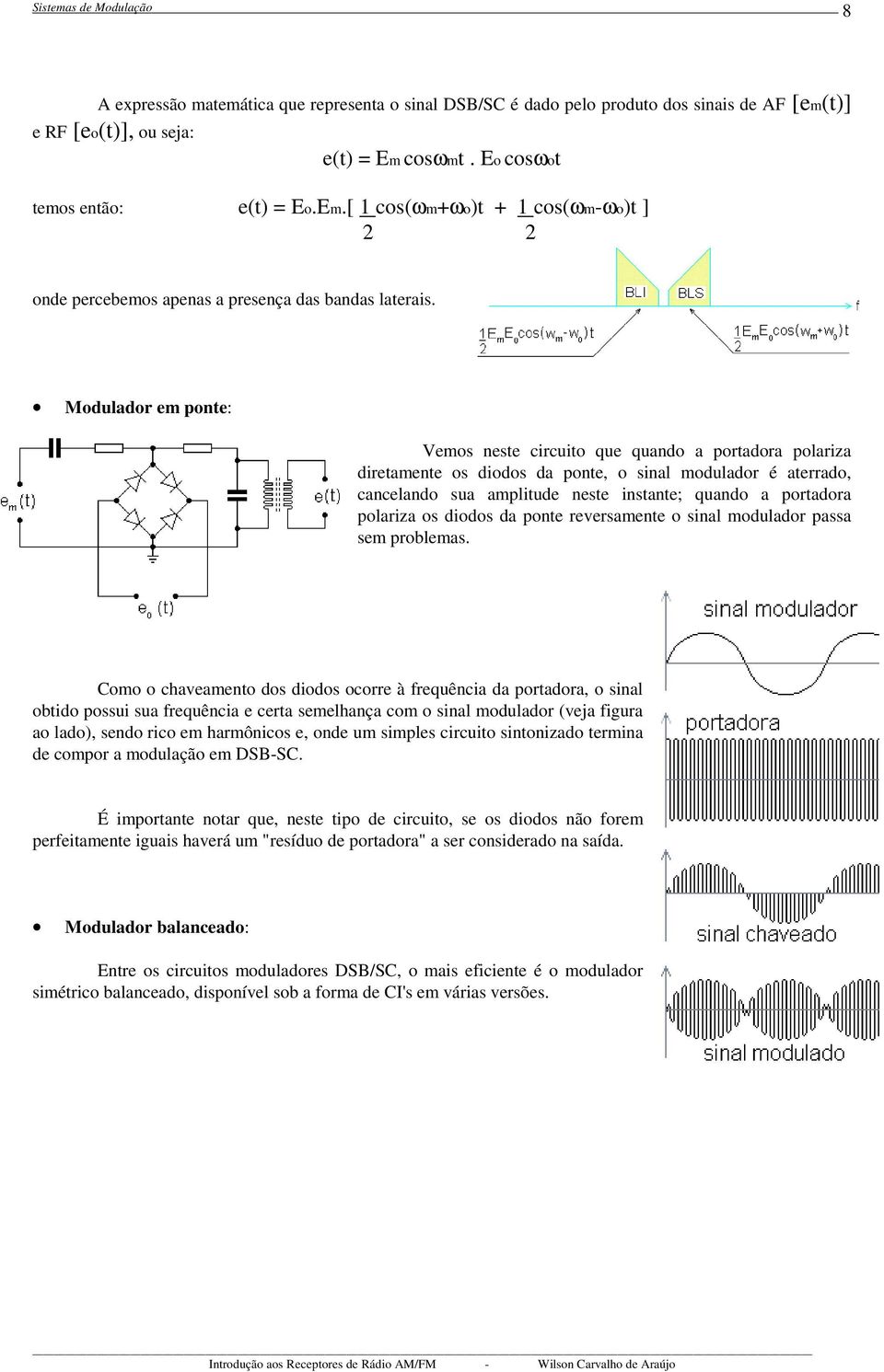 Modulador em ponte: Vemos neste circuito que quando a portadora polariza diretamente os diodos da ponte, o sinal modulador é aterrado, cancelando sua amplitude neste instante; quando a portadora