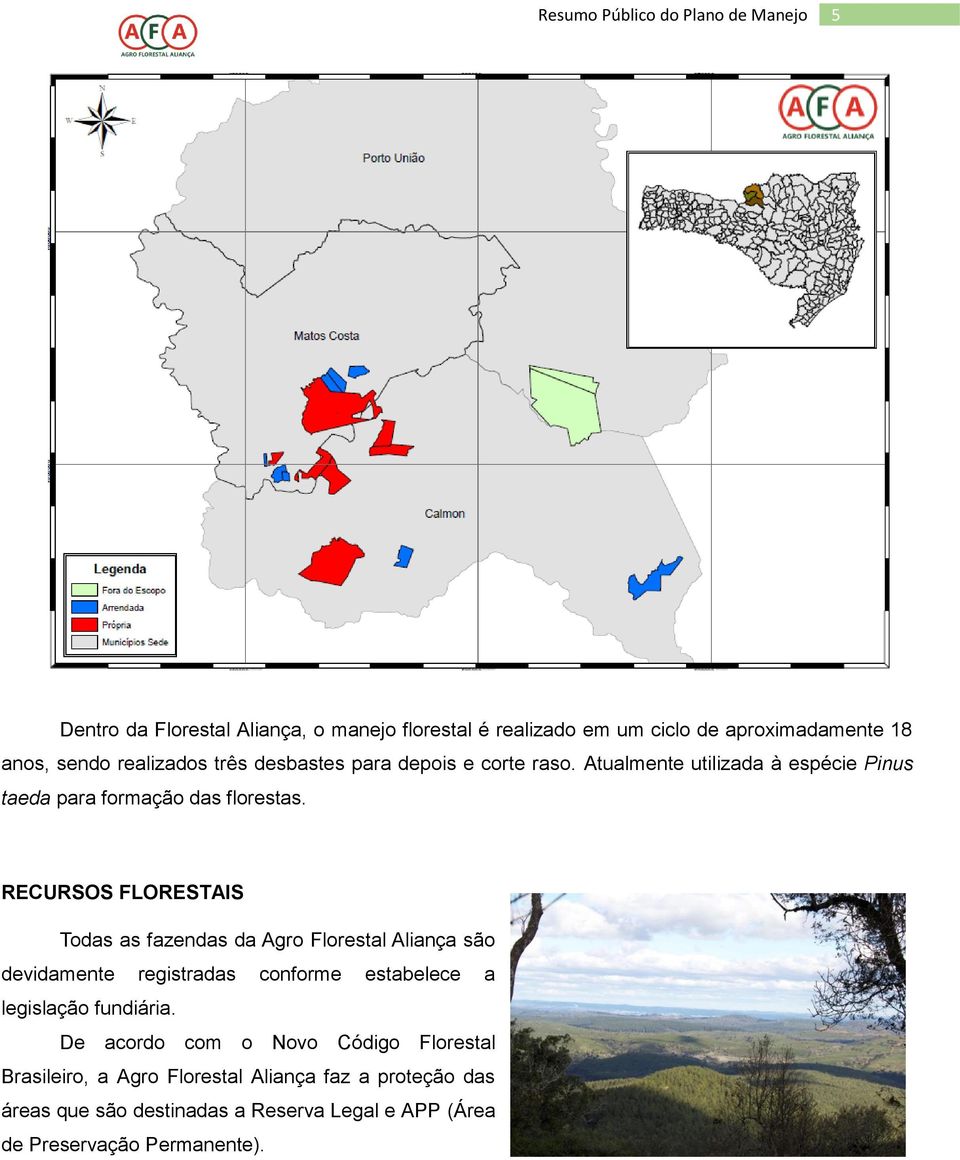 RECURSOS FLORESTAIS Todas as fazendas da Agro Florestal Aliança são devidamente registradas conforme estabelece a legislação fundiária.