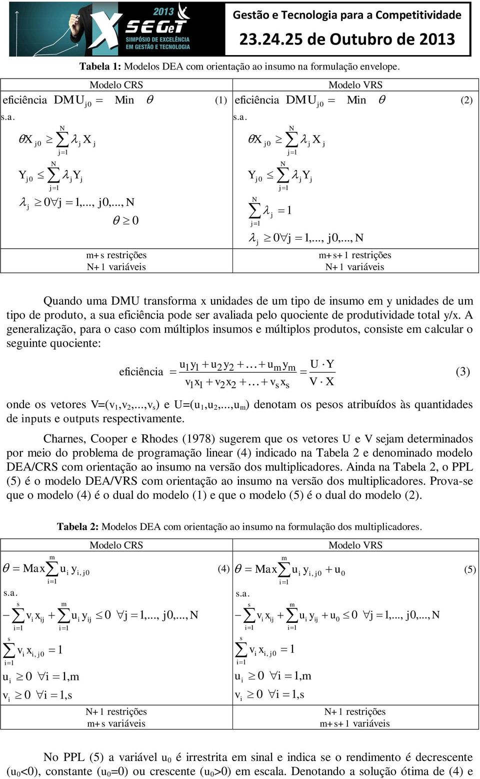 .., m++1 retriçõe +1 variávei Quando uma DMU tranforma x unidade de um tipo de inumo em y unidade de um tipo de produto, a ua eficiência pode er avaliada pelo quociente de produtividade total y/x.