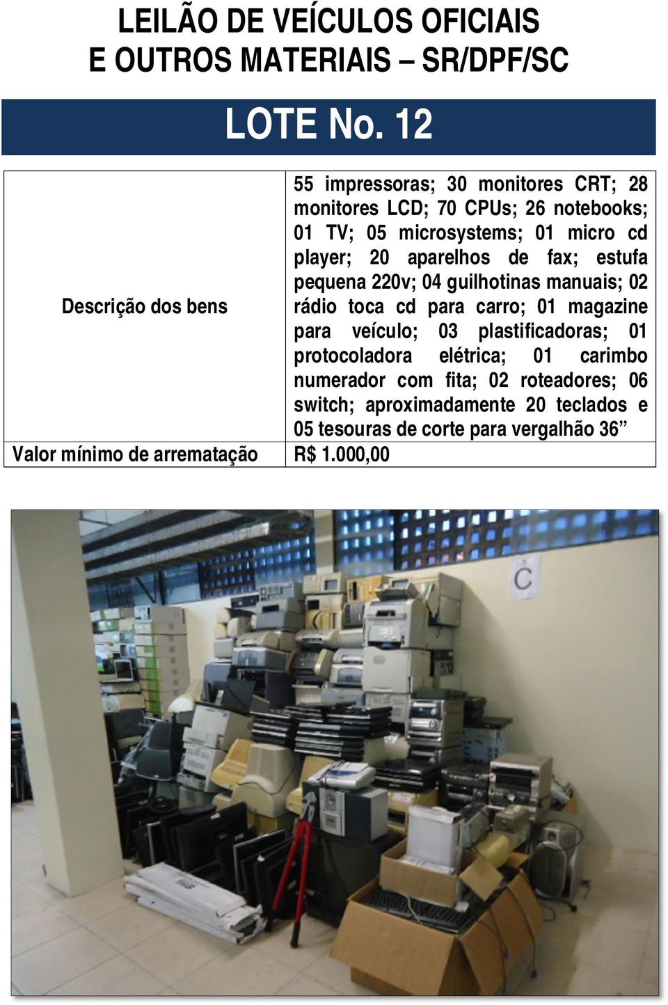 player; 20 aparelhos de fax; estufa pequena 220v; 04 guilhotinas manuais; 02 Descrição dos bens rádio toca cd para