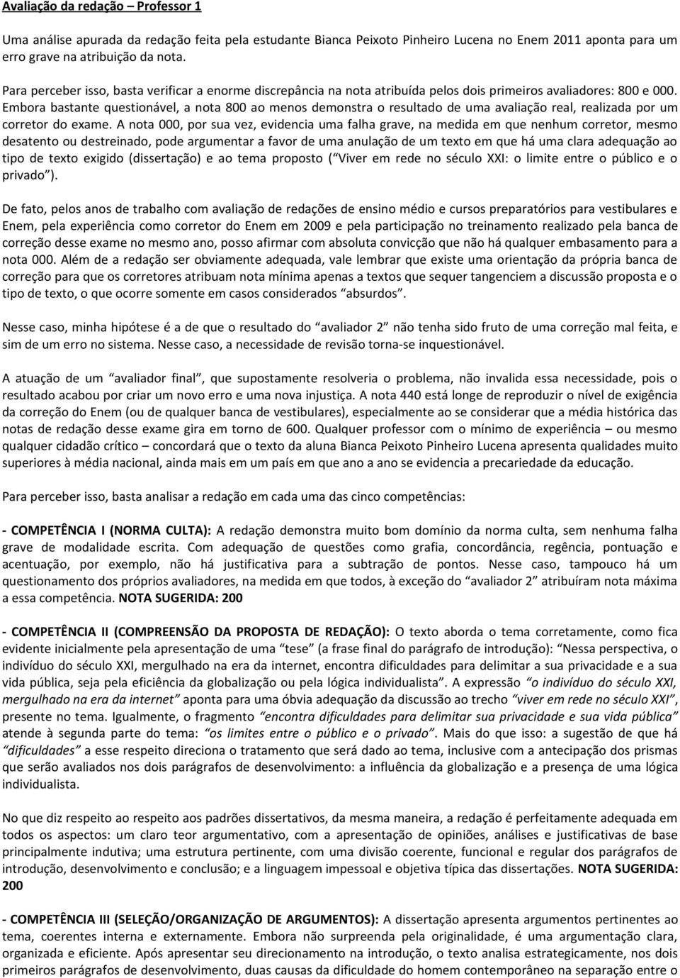 Embora bastante questionável, a nota 800 ao menos demonstra o resultado de uma avaliação real, realizada por um corretor do exame.