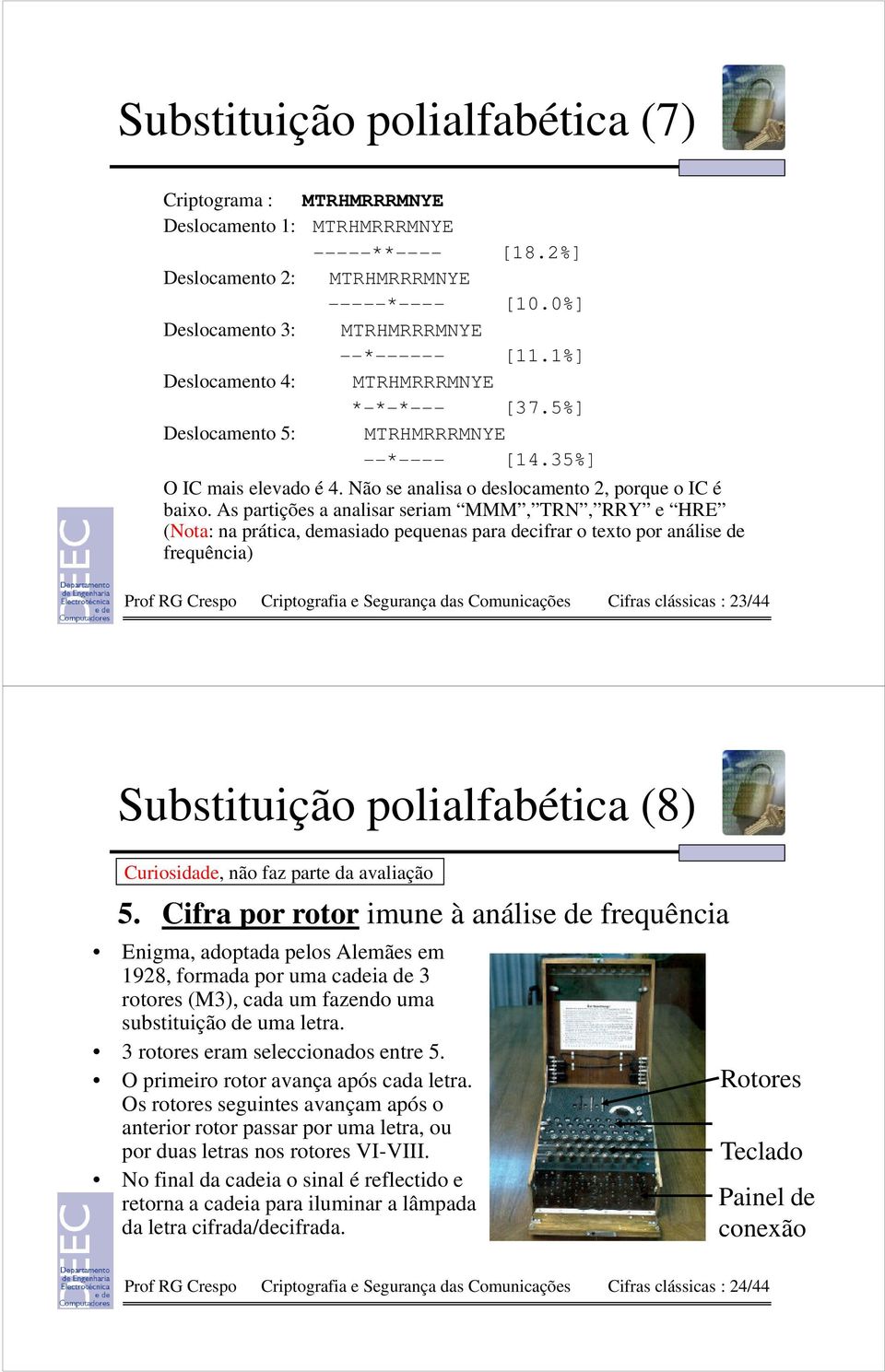 As partições a analisar seriam MMM, TRN, RRY e HRE (Nota: na prática, demasiado pequenas para decifrar o texto por análise de frequência) Prof RG Crespo Criptografia e Segurança das Comunicações