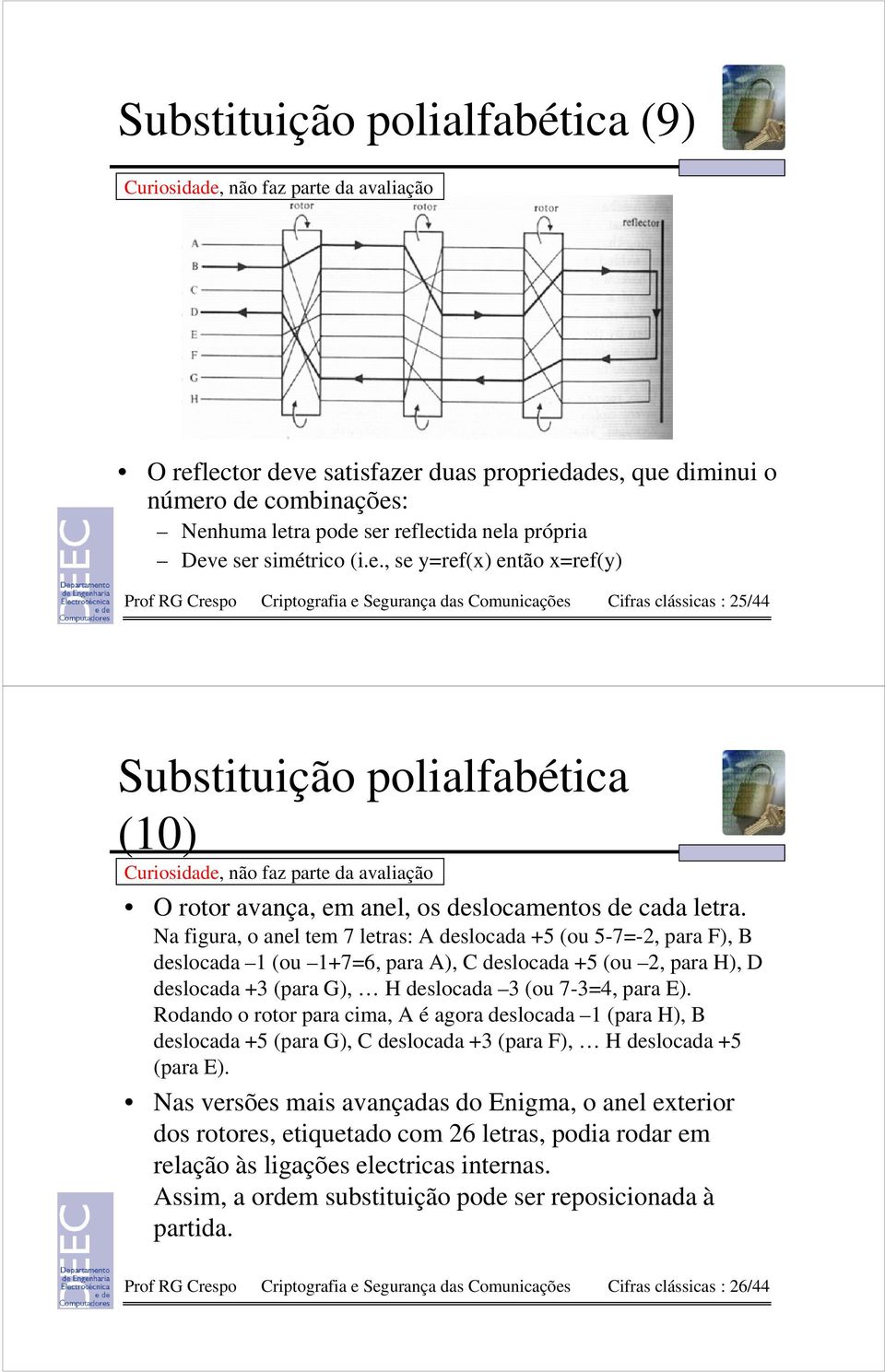 Criptografia e Segurança das Comunicações Cifras clássicas : 25/44 Substituição polialfabética (10) O rotor avança, em anel, os deslocamentos de cada letra.