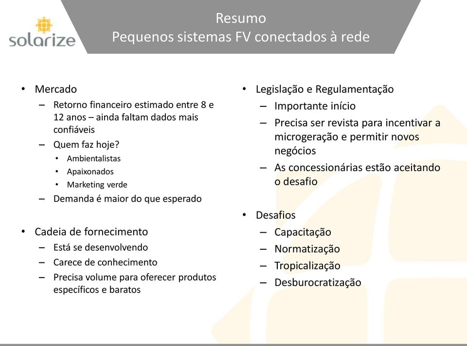 conhecimento Precisa volume para oferecer produtos específicos e baratos Legislação e Regulamentação Importante início Precisa ser revista para