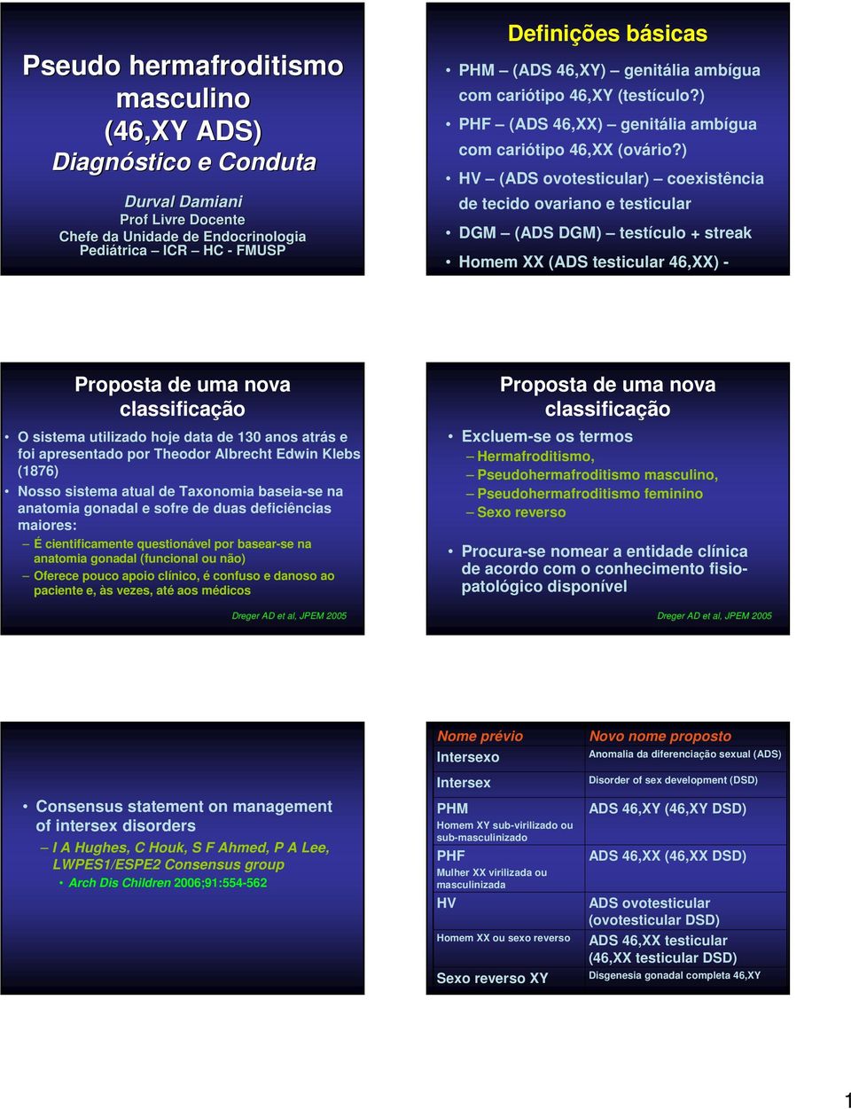 ) (ADS ovo) coexistência de tecido ovariano e DGM (ADS DGM) testículo + streak Homem XX (ADS 46,XX) - Proposta de uma nova classificação O sistema utilizado hoje data de 130 anos atrás e foi