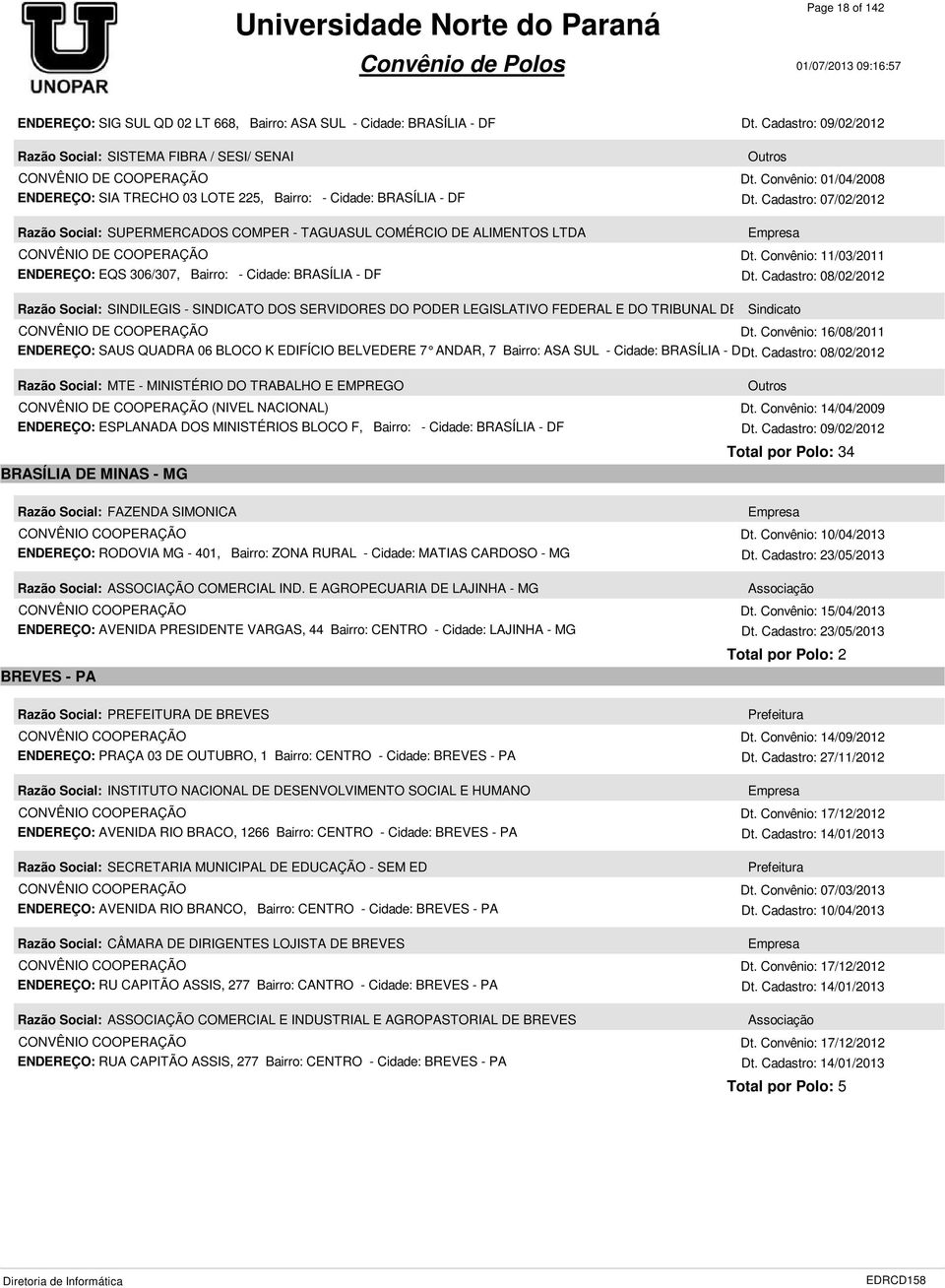 Cadastro: 08/02/2012 Razão Social: SINDILEGIS - SINDICATO DOS SERVIDORES DO PODER LEGISLATIVO FEDERAL E DO TRIBUNAL DE CON Sindicato Dt.