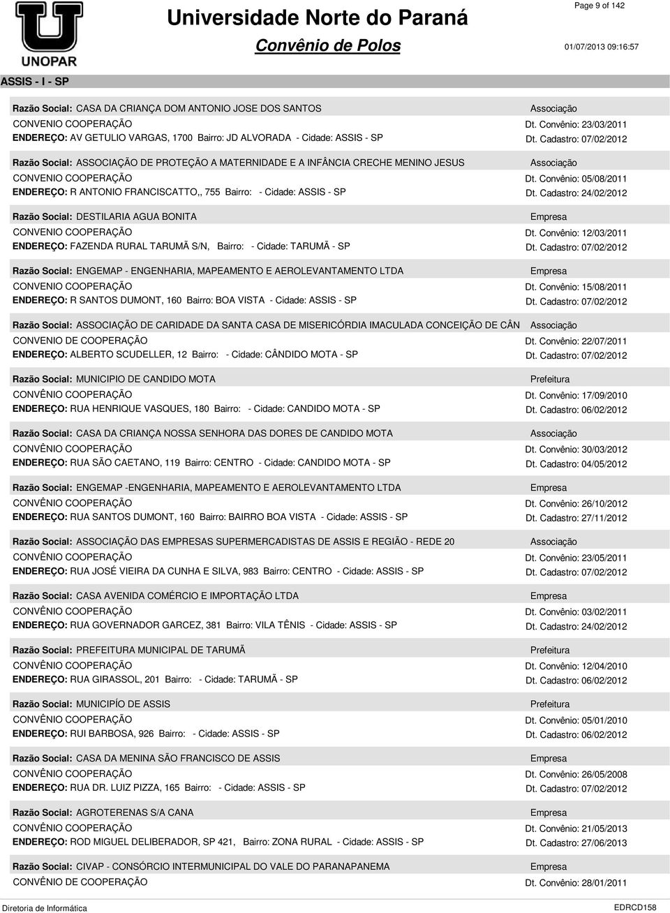 Cidade: TARUMÃ - SP Razão Social: ENGEMAP - ENGENHARIA, MAPEAMENTO E AEROLEVANTAMENTO LTDA ENDEREÇO: R SANTOS DUMONT, 160 Bairro: BOA VISTA - Cidade: ASSIS - SP Dt. Convênio: 23/03/2011 Dt.