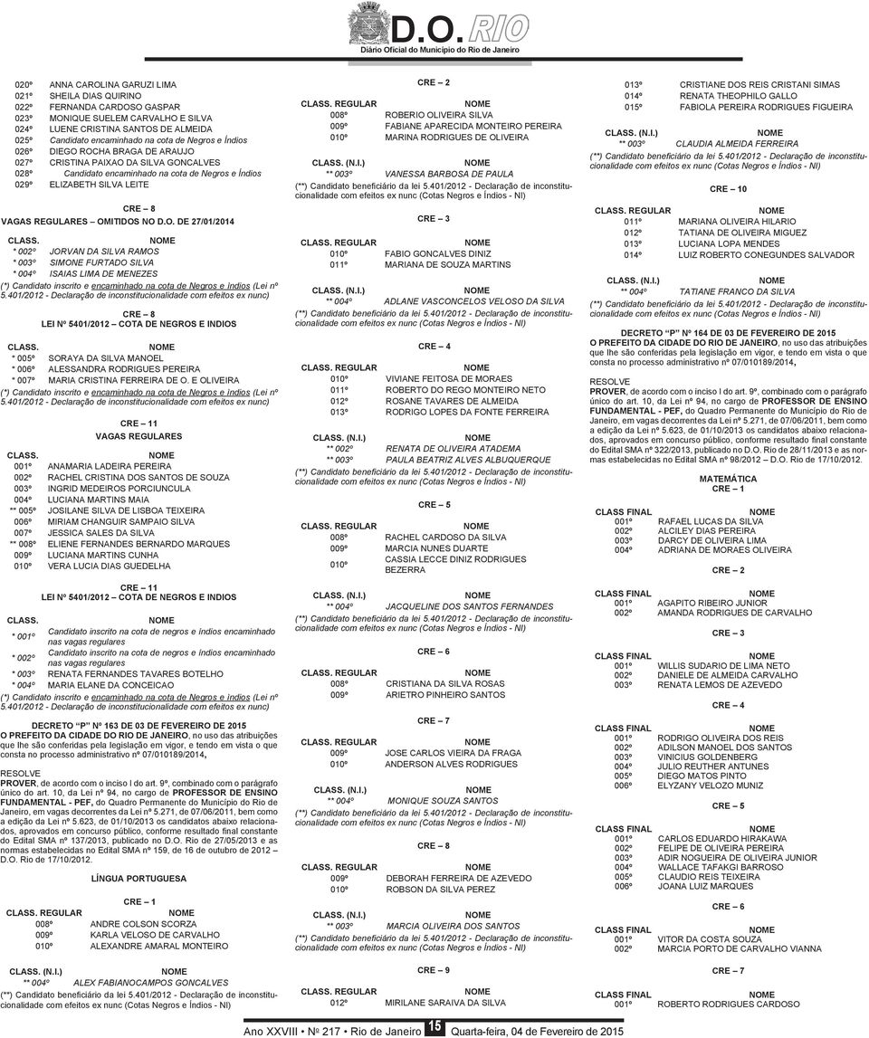 ROCHA BRAGA DE ARAUJO 027º CRISTINA PAIXAO DA SILVA GONCALVES 028º Candidato encaminhado na cota de Negros e Índios 029º ELIZABETH SILVA LEITE OMITIDOS NO D.O. DE 27/01/2014 * 002º JORVAN DA SILVA