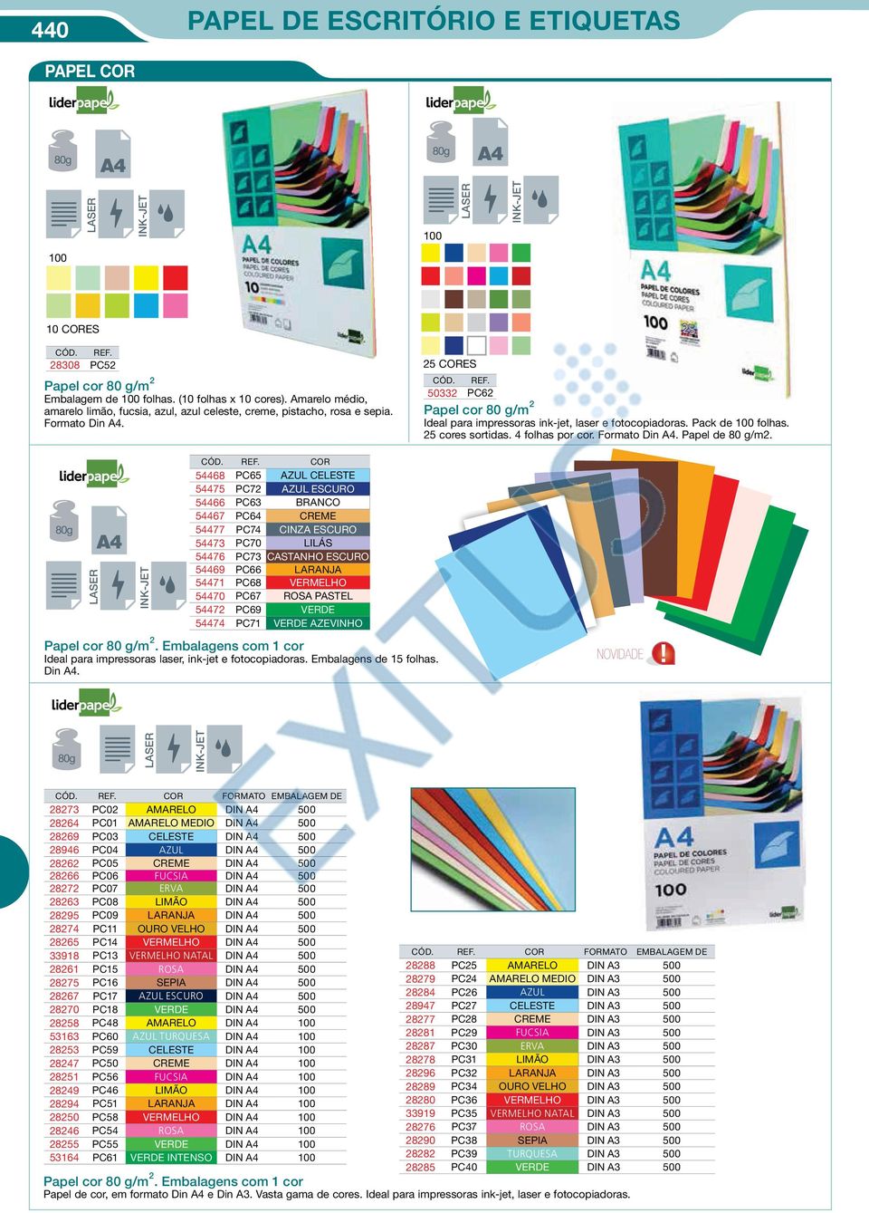 50332 PC62 Papel cor 80 g/m 2 Ideal para impressoras ink-jet, laser e fotocopiadoras. Pack de 100 folhas. 25 cores sortidas. 4 folhas por cor. Formato Din A4. Papel de 80 g/m2. REF.