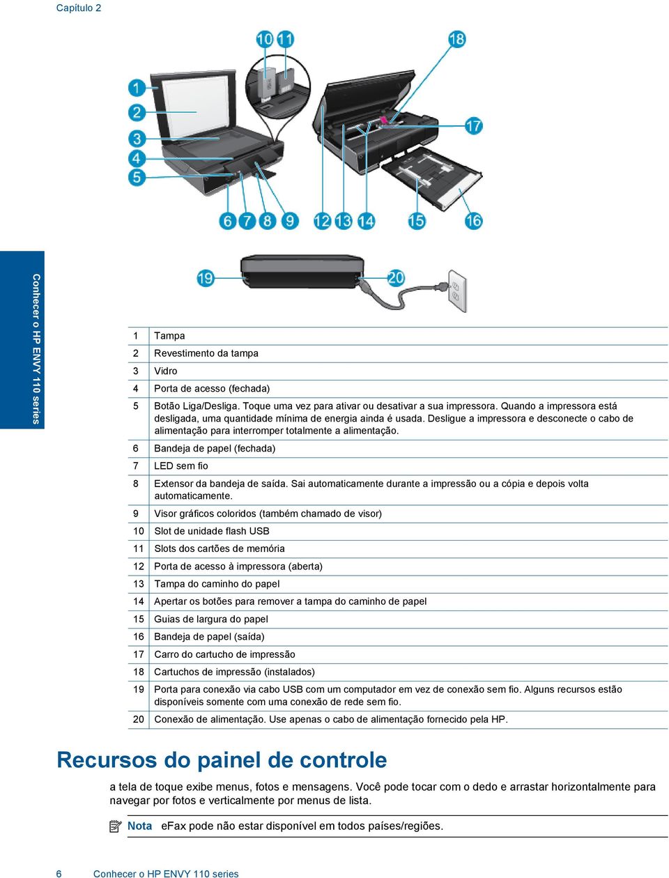 6 Bandeja de papel (fechada) 7 LED sem fio 8 Extensor da bandeja de saída. Sai automaticamente durante a impressão ou a cópia e depois volta automaticamente.