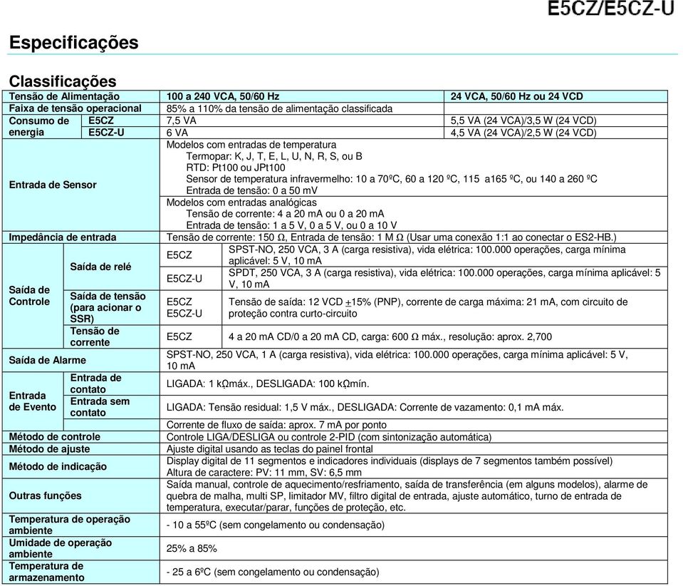 Sensor Sensor de temperatura infravermelho: 10 a 70ºC, 60 a 120 ºC, 115 a165 ºC, ou 140 a 260 ºC Entrada de tensão: 0 a 50 mv Modelos com entradas analógicas Tensão de corrente: 4 a 20 ma ou 0 a 20