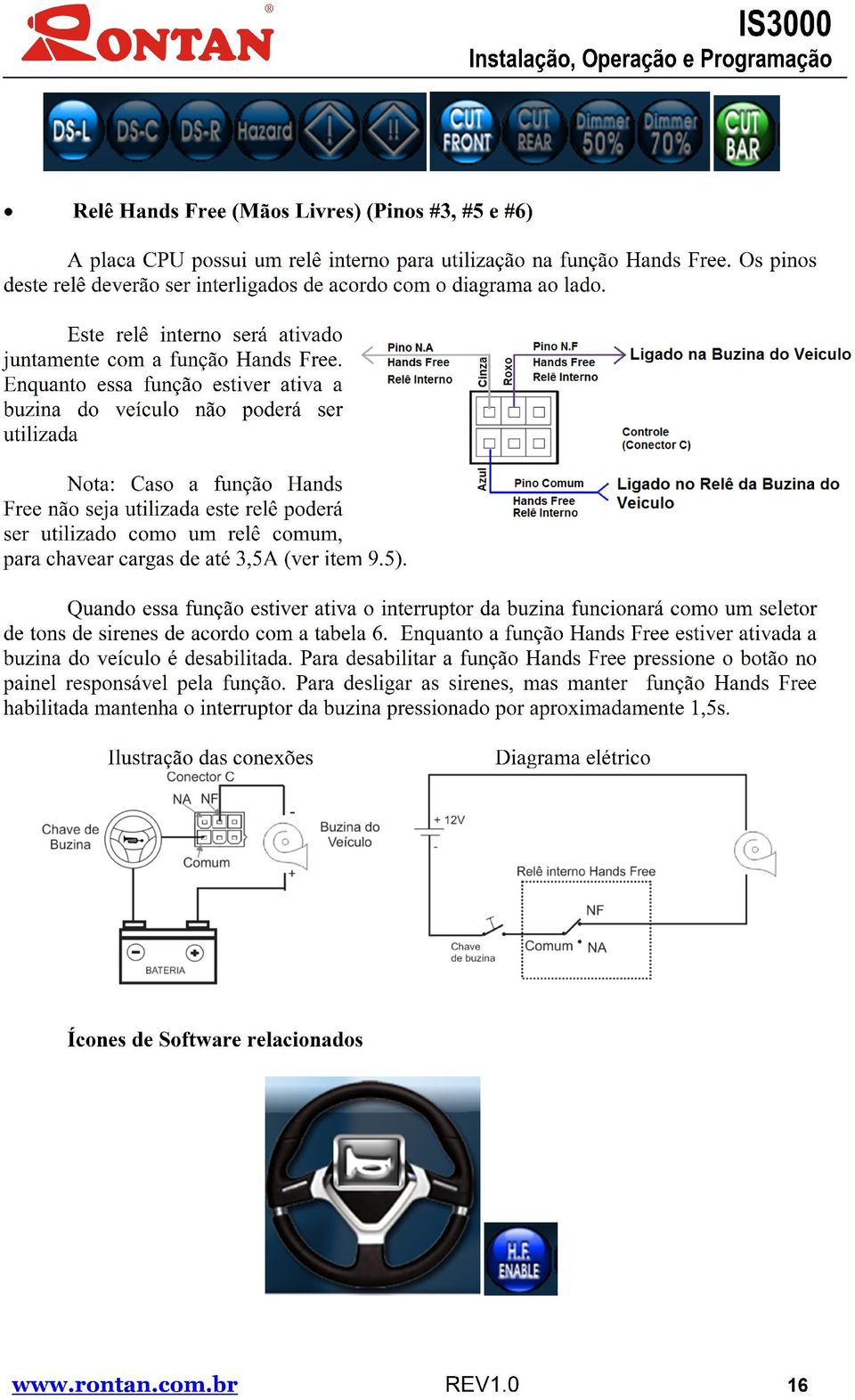 Enquanto essa função estiver ativa a buzina do veículo não poderá ser utilizada Nota: Caso a função Hands Free não seja utilizada este relê poderá ser utilizado como um relê comum, para chavear