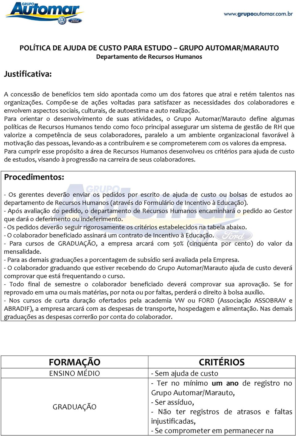 Para orientar o desenvolvimento de suas atividades, o Grupo Automar/Marauto define algumas políticas de Recursos Humanos tendo como foco principal assegurar um sistema de gestão de RH que valorize a