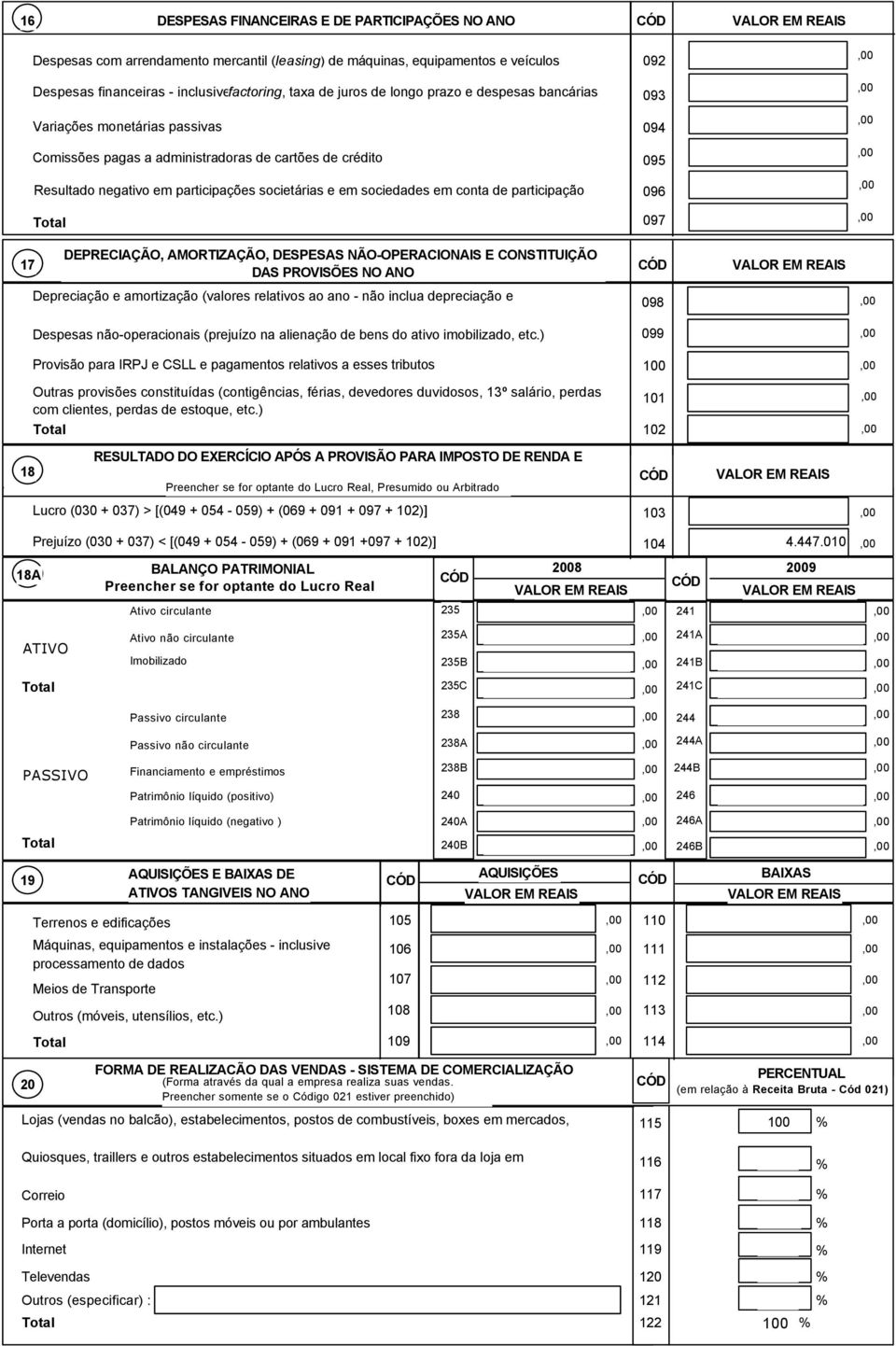 de participação 96 97 17 DEPRECIAÇÃO, AMORTIZAÇÃO, DESPESAS NÃO-OPERACIONAIS E CONSTITUIÇÃO DAS PROVISÕES NO ANO Depreciação e amortização (valores relativos ao ano - não inclua depreciação e 98