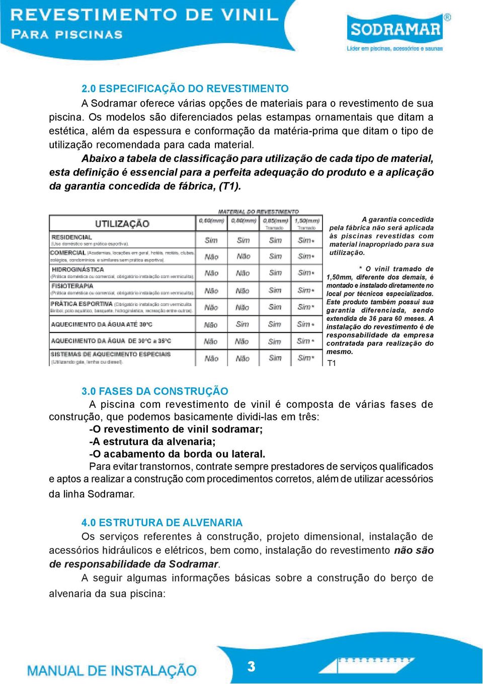 Abaixo a tabela de classificação para utilização de cada tipo de material, esta definição é essencial para a perfeita adequação do produto e a aplicação da garantia concedida de fábrica, (T1).