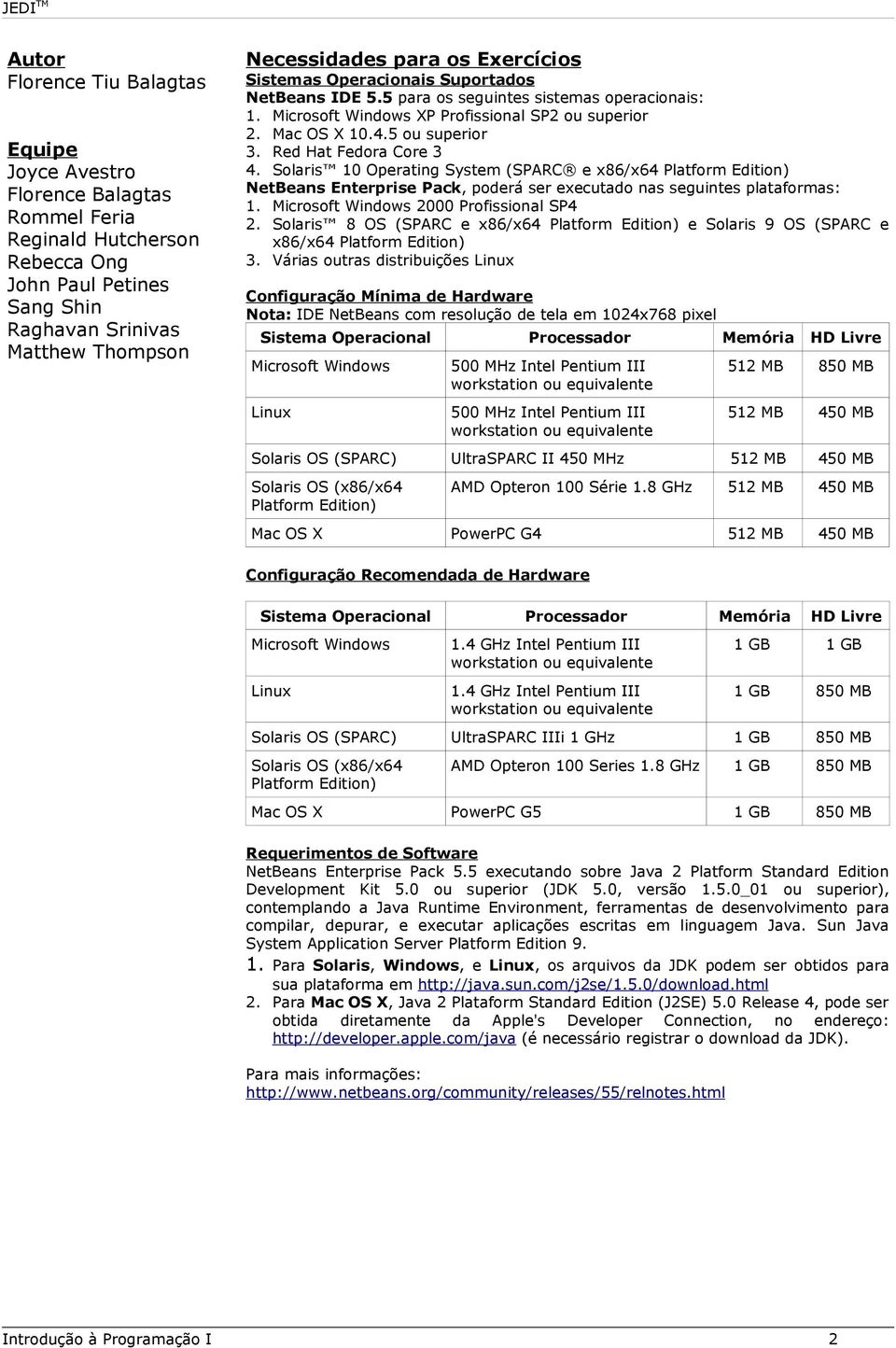 Red Hat Fedora Core 3 4. Solaris 10 Operating System (SPARC e x86/x64 Platform Edition) NetBeans Enterprise Pack, poderá ser executado nas seguintes plataformas: 1.
