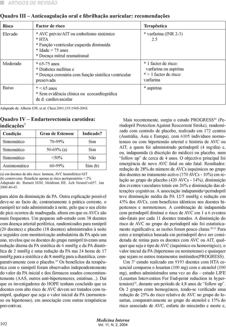 ecocardiográfica de d. cardiovascular Terapêutica * varfarina (INR 2-3) 2.5 * 1 factor de risco: varfarina ou aspirina * > 1 factor de risco: varfarina * aspirina Adaptado de: Alberts GW, et al.