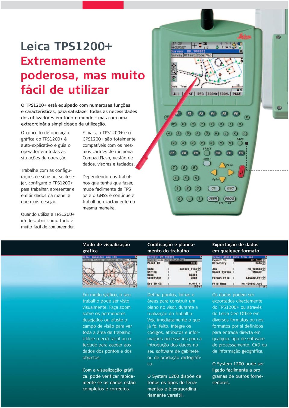 Trabalhe com as configurações de série ou, se desejar, configure o TPS1200+ para trabalhar, apresentar e emitir dados da maneira que mais desejar.