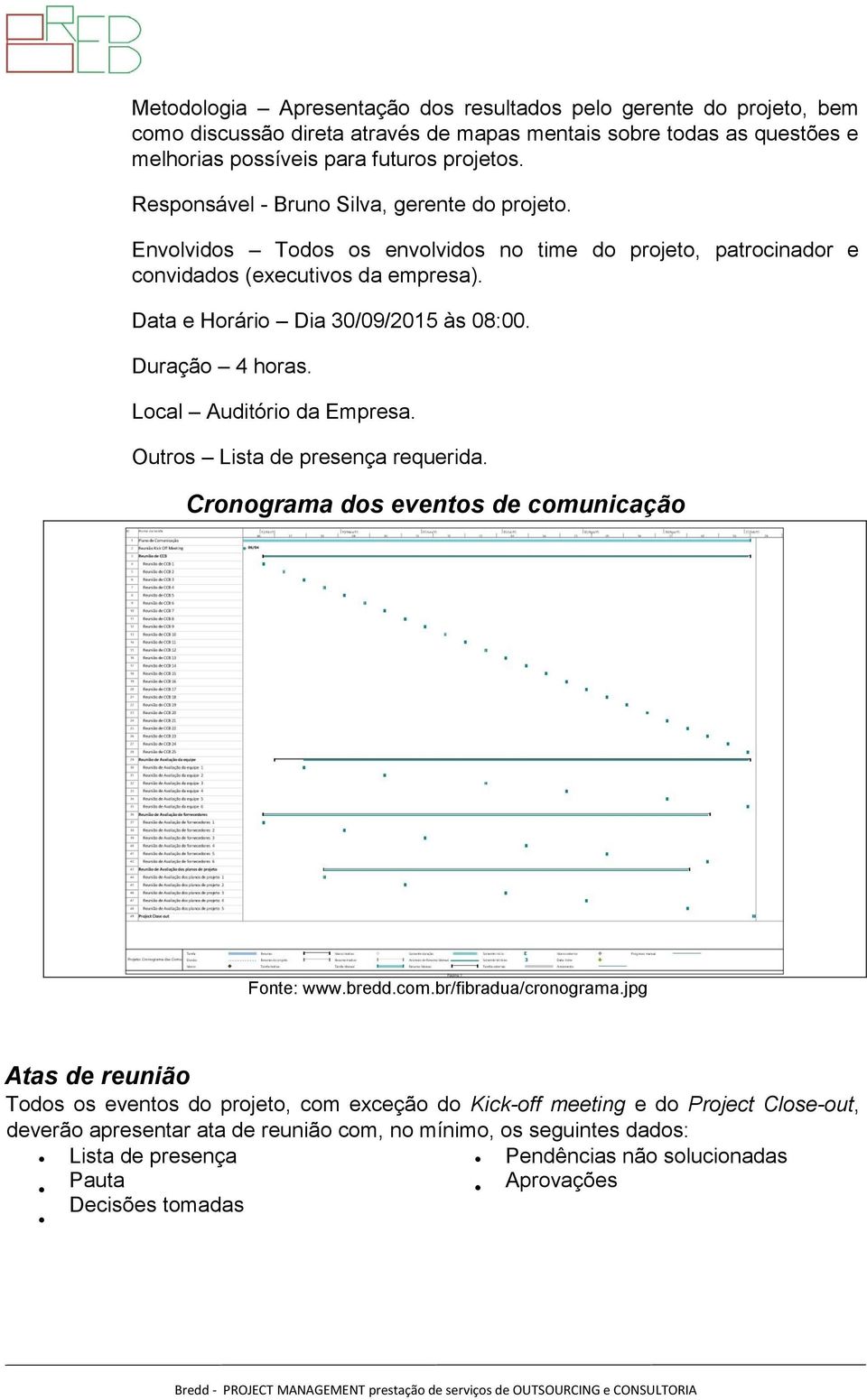 Duração 4 horas. Local Auditório da Empresa. Outros Lista de presença requerida. Cronograma dos eventos de comunicação Fonte: www.bredd.com.br/fibradua/cronograma.