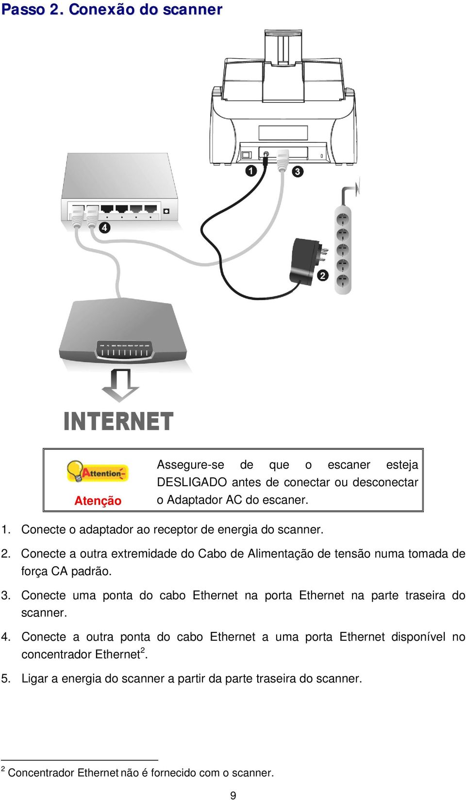 Conecte uma ponta do cabo Ethernet na porta Ethernet na parte traseira do scanner. 4.
