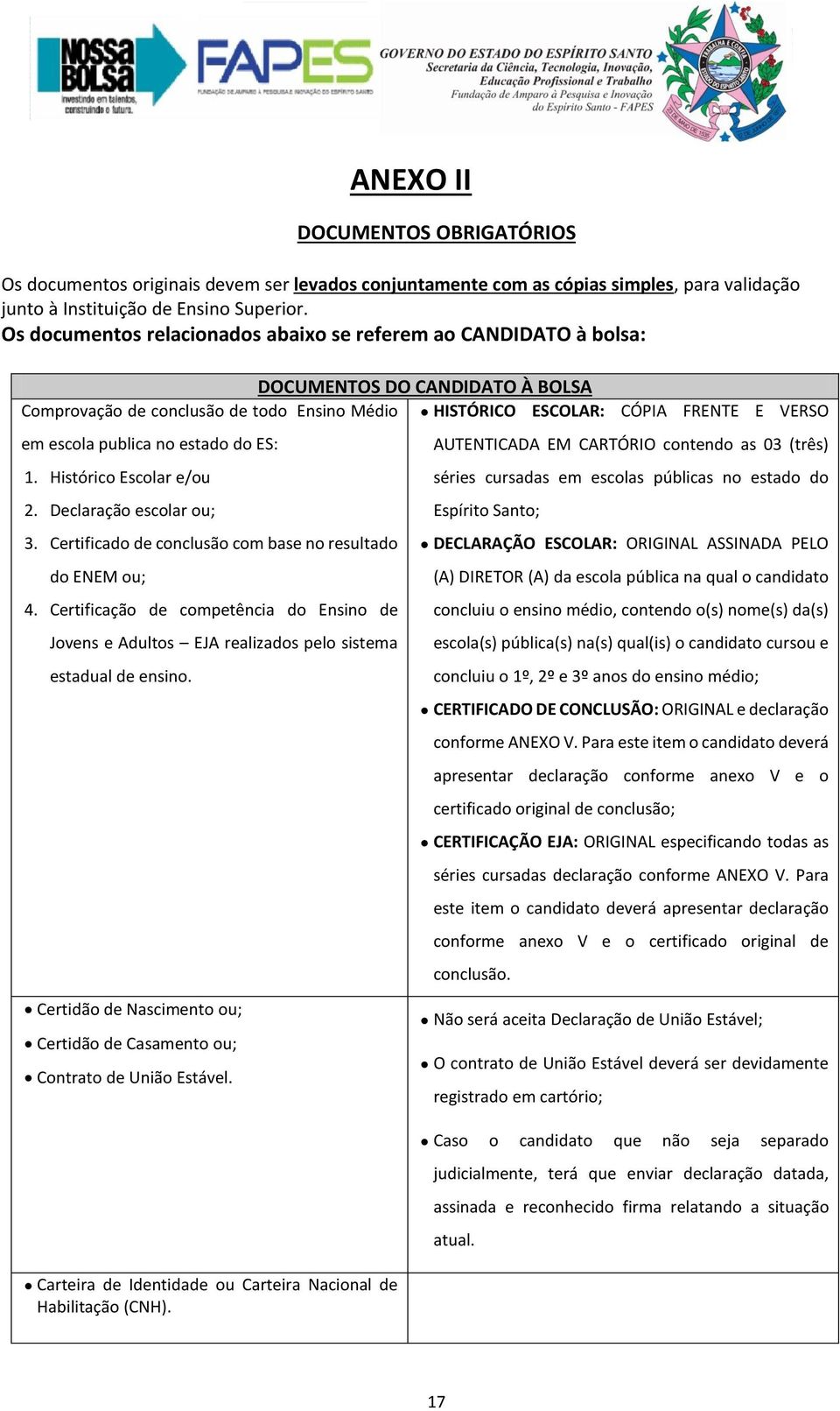 publica no estado do ES: 1. Histórico Escolar e/ou 2. Declaração escolar ou; 3. Certificado de conclusão com base no resultado do ENEM ou; 4.