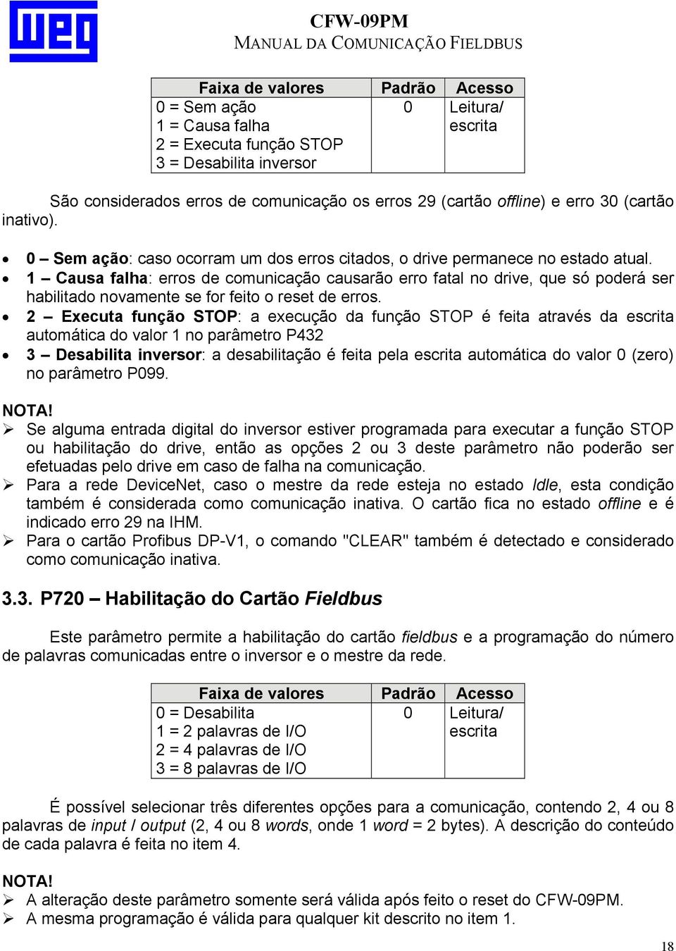 1 Causa falha: erros de comunicação causarão erro fatal no drive, que só poderá ser habilitado novamente se for feito o reset de erros.