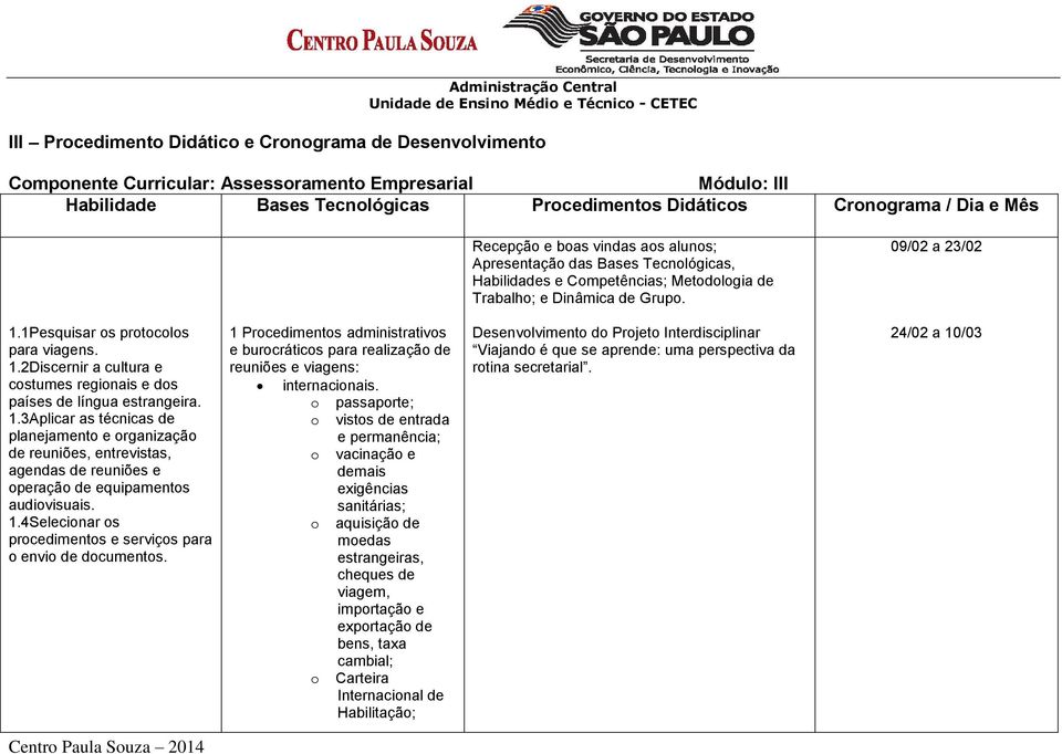 Dinâmica de Grupo. 09/02 a 23/02 1.1Pesquisar os protocolos para viagens. 1.2Discernir a cultura e costumes regionais e dos países de língua estrangeira. 1.3Aplicar as técnicas de planejamento e organização de reuniões, entrevistas, agendas de reuniões e operação de equipamentos audiovisuais.