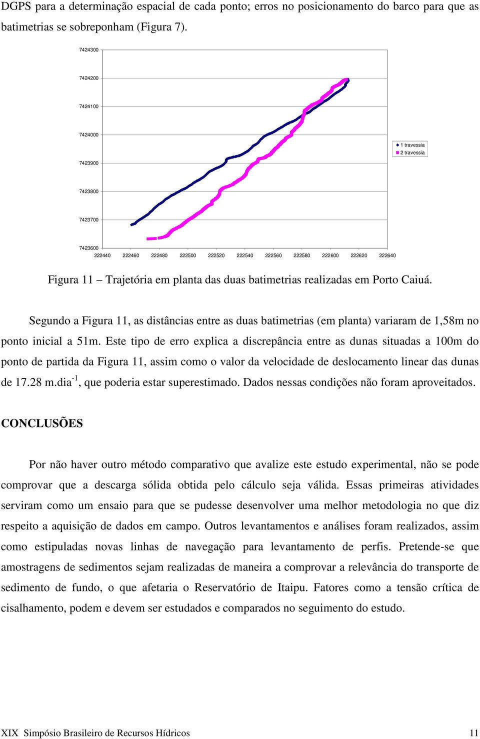 duas batimetrias realizadas em Porto Caiuá. Segundo a Figura 11, as distâncias entre as duas batimetrias (em planta) variaram de 1,58m no ponto inicial a 51m.