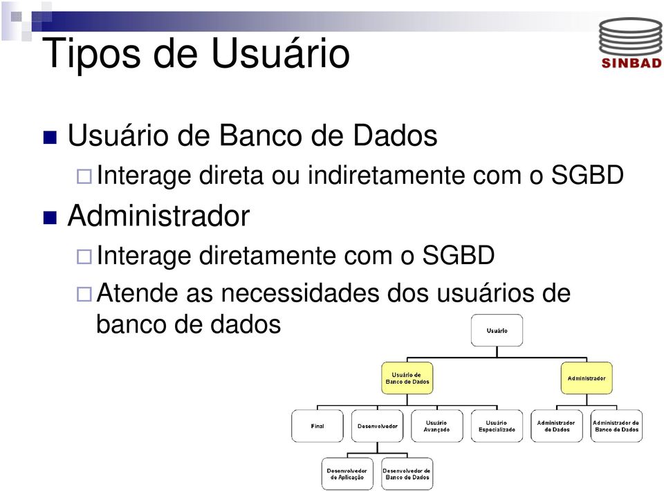 Administrador Interage diretamente com o SGBD