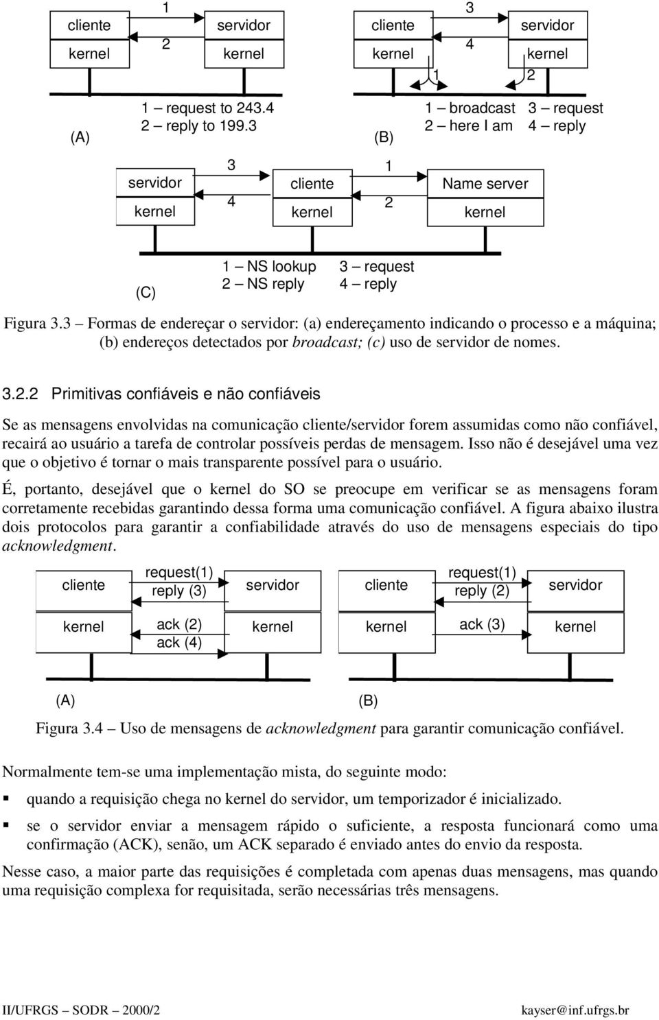 2 Primitivas confiáveis e não confiáveis Se as mensagens envolvidas na comunicação cliente/ forem assumidas como não confiável, recairá ao usuário a tarefa de controlar possíveis perdas de mensagem.