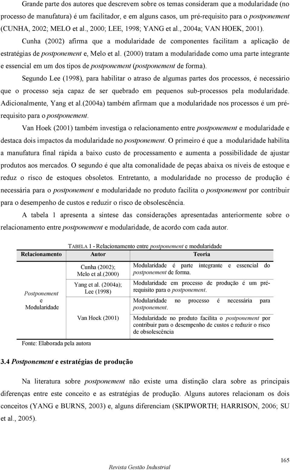 (2000) tratam a modularidade como uma parte integrante e essencial em um dos tipos de postponement (postponement de forma).