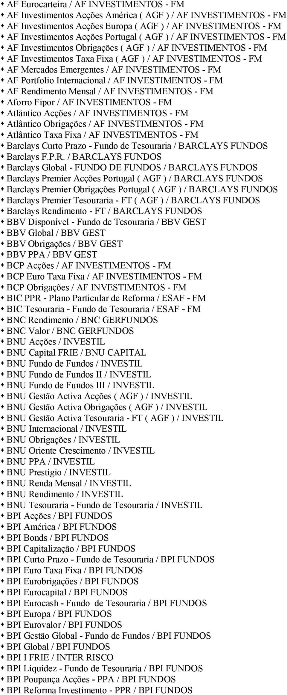 AF Portfolio Internacional / AF INVESTIMENTOS - FM AF Rendimento Mensal / AF INVESTIMENTOS - FM Aforro Fipor / AF INVESTIMENTOS - FM Atlântico Acções / AF INVESTIMENTOS - FM Atlântico Obrigações / AF