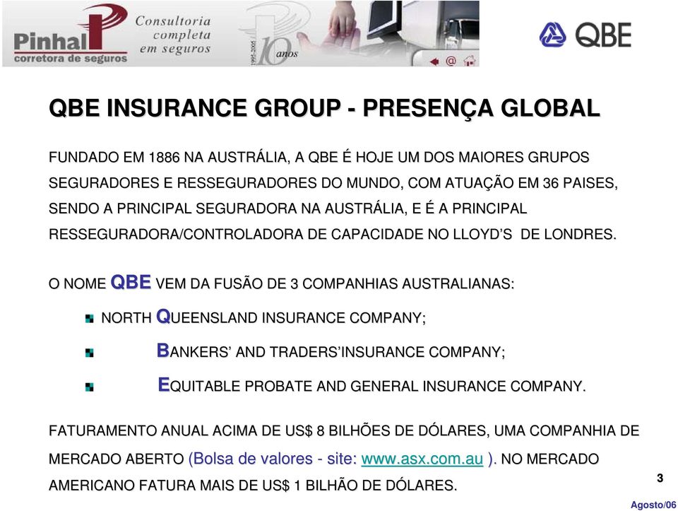 O NOME QBE VEM DA FUSÃO DE 3 COMPANHIAS AUSTRALIANAS: NORTH QUEENSLAND INSURANCE COMPANY; BANKERS AND TRADERS INSURANCE COMPANY; EQUITABLE PROBATE AND GENERAL