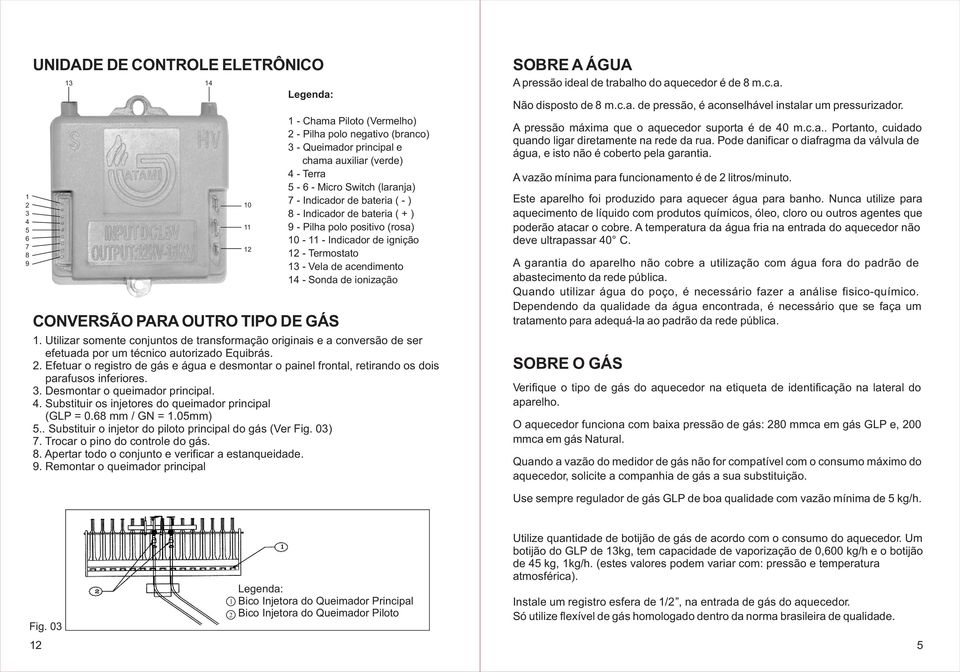 Efetuar o registro de gás e água e desmontar o painel frontal, retirando os dois parafusos inferiores. 3. Desmontar o queimador principal.. Substituir os injetores do queimador principal (GLP = 0.