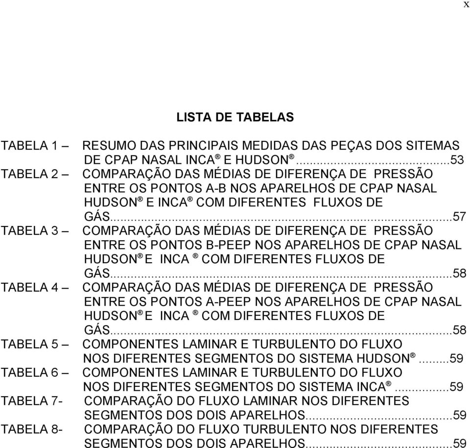 ..57 COMPARAÇÃO DAS MÉDIAS DE DIFERENÇA DE PRESSÃO ENTRE OS PONTOS B-PEEP NOS APARELHOS DE CPAP NASAL HUDSON E INCA COM DIFERENTES FLUXOS DE GÁS.