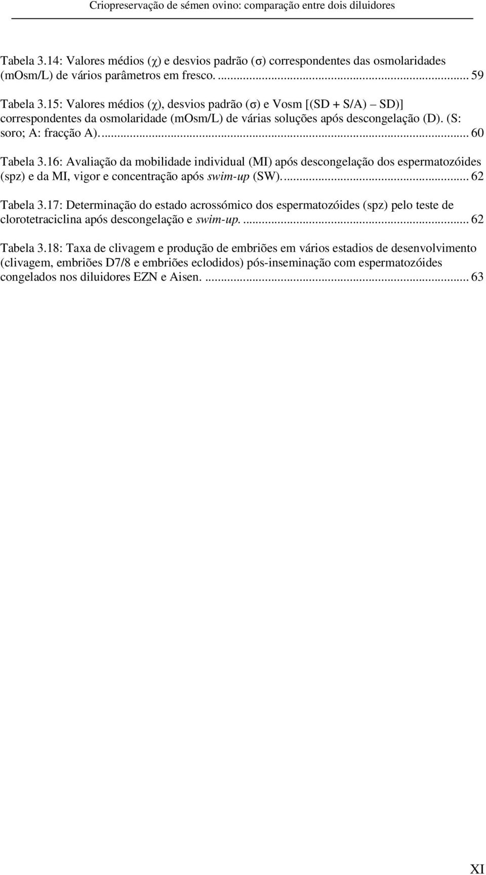 .. 60 Tabela 3.16: Avaliação da mobilidade individual (MI) após descongelação dos espermatozóides (spz) e da MI, vigor e concentração após swim-up (SW)... 62 Tabela 3.