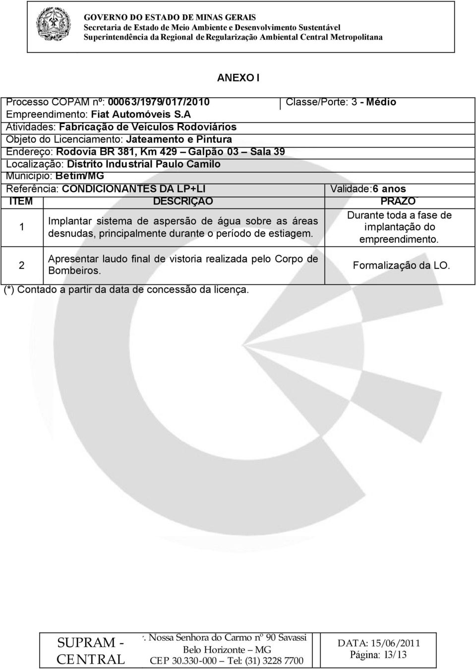 Paulo Camilo Município: Betim/MG Referência: CONDICIONANTES DA LP+LI Validade:6 anos ITEM DESCRIÇÃO PRAZO * 1 2 Implantar sistema de aspersão de água sobre as áreas desnudas,