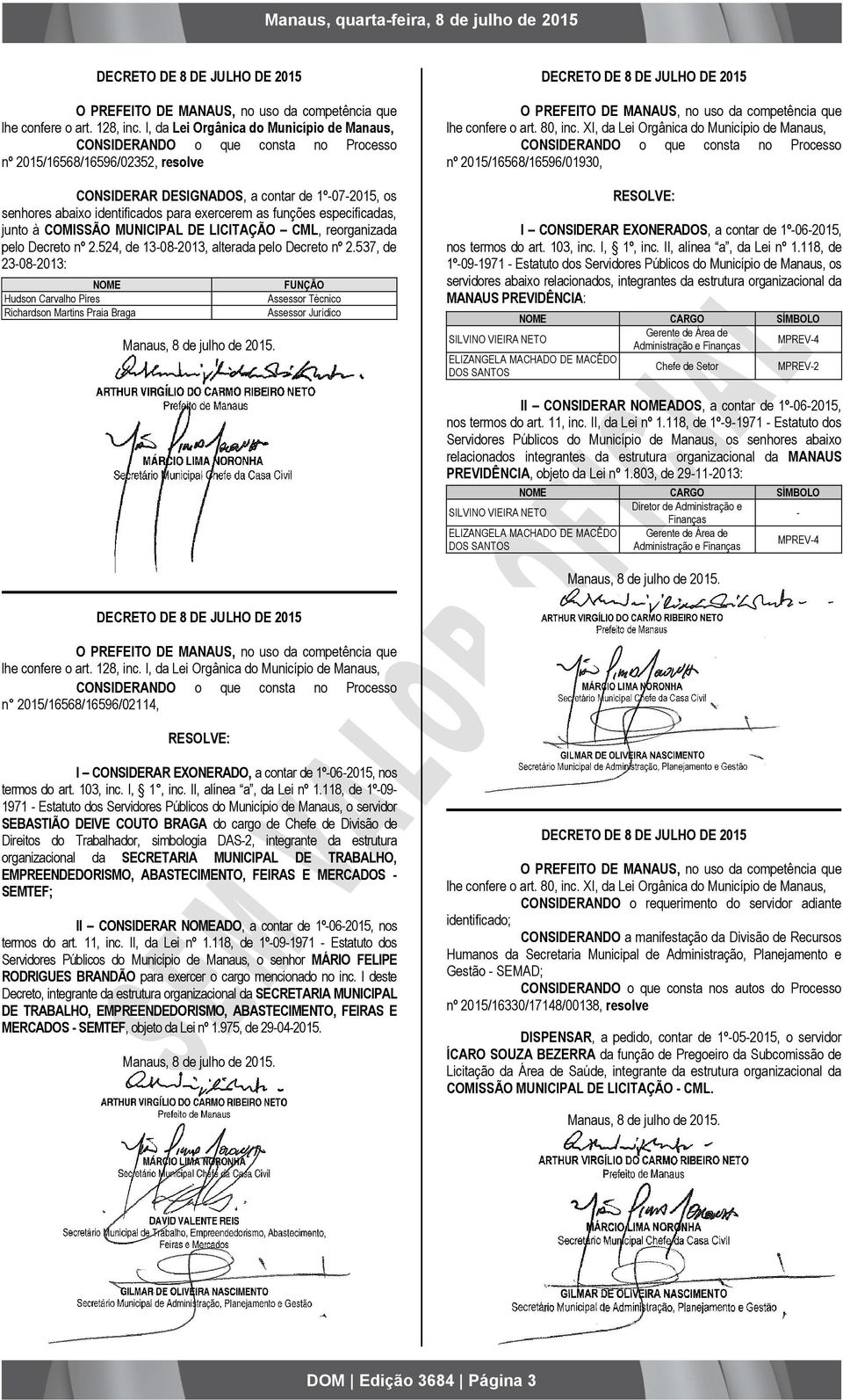 funções especificadas, junto à COMISSÃO MUNICIPAL DE LICITAÇÃO CML, reorganizada pelo Decreto nº 2.524, de 13-08-2013, alterada pelo Decreto nº 2.