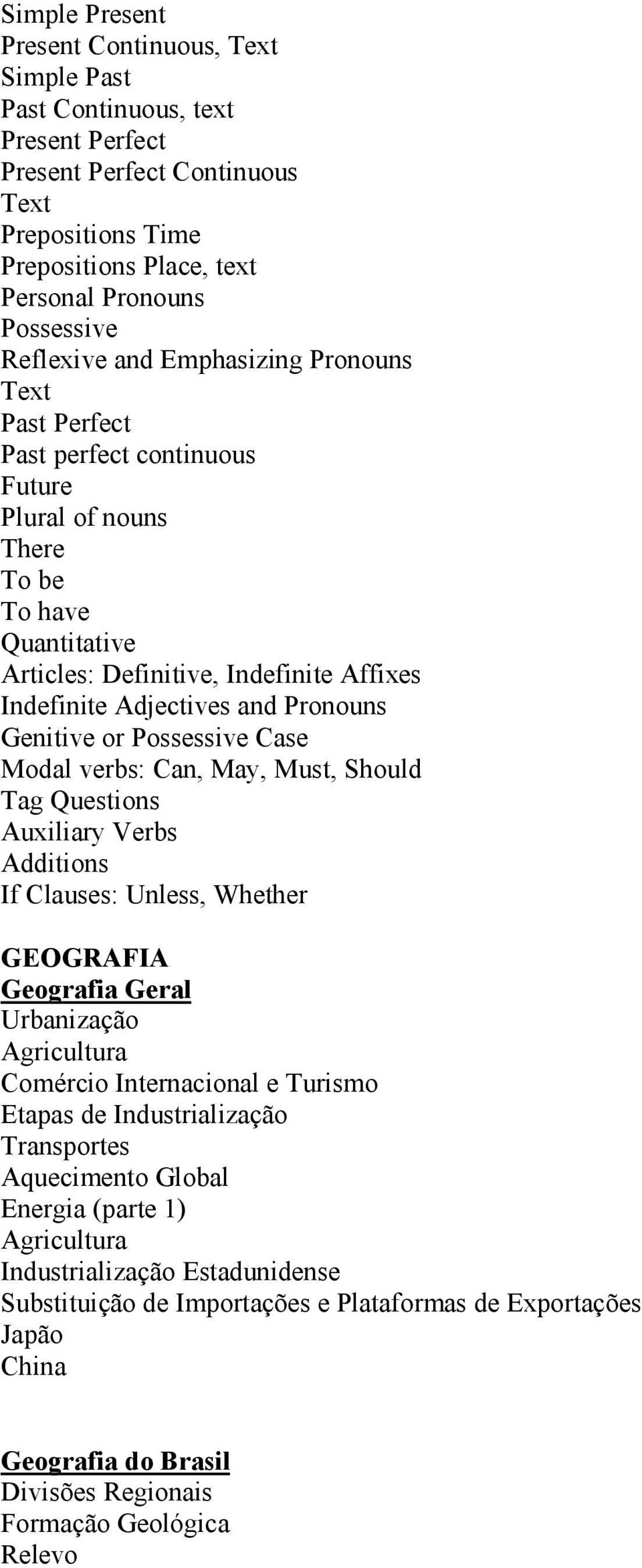 Pronouns Genitive or Possessive Case Modal verbs: Can, May, Must, Should Tag Questions Auxiliary Verbs Additions If Clauses: Unless, Whether GEOGRAFIA Geografia Geral Urbanização Agricultura Comércio