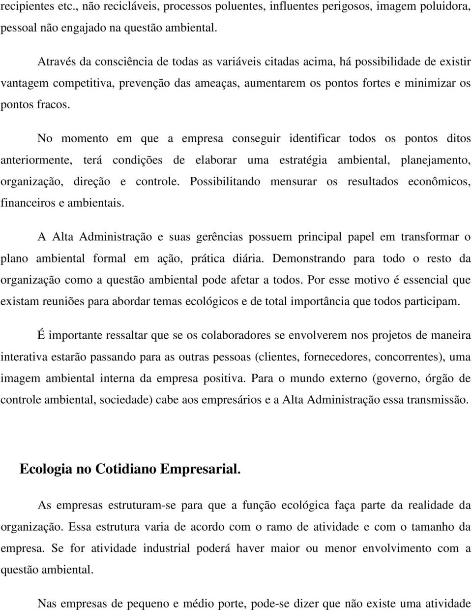 No momento em que a empresa conseguir identificar todos os pontos ditos anteriormente, terá condições de elaborar uma estratégia ambiental, planejamento, organização, direção e controle.