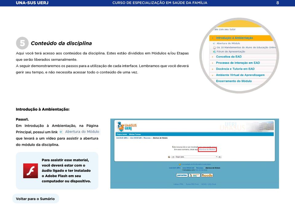 Lembramos que você deverá gerir seu tempo, e não necessita acessar todo o conteúdo de uma vez. Introdução à Ambientação: Passo1.