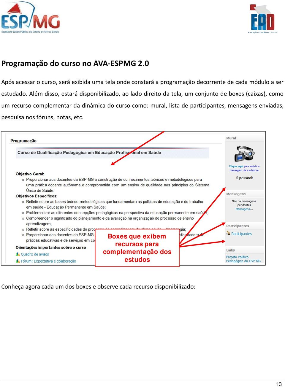 Além disso, estará disponibilizado, ao lado direito da tela, um conjunto de boxes (caixas), como um recurso complementar da