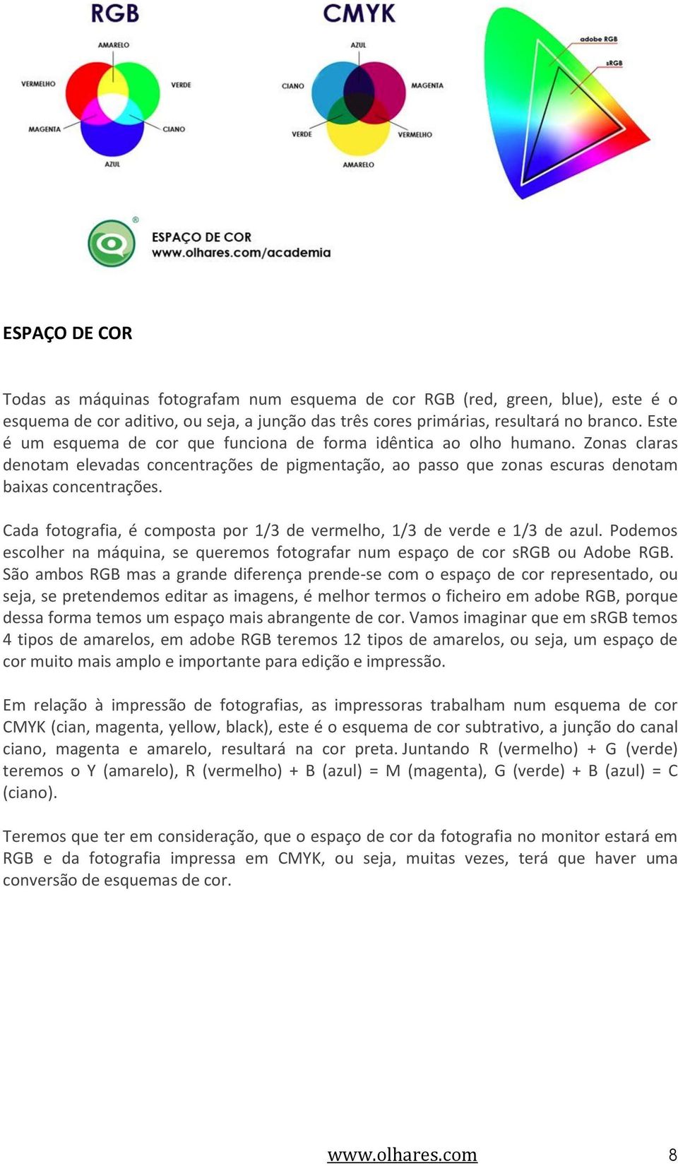 Cada fotografia, é composta por 1/3 de vermelho, 1/3 de verde e 1/3 de azul. Podemos escolher na máquina, se queremos fotografar num espaço de cor srgb ou Adobe RGB.