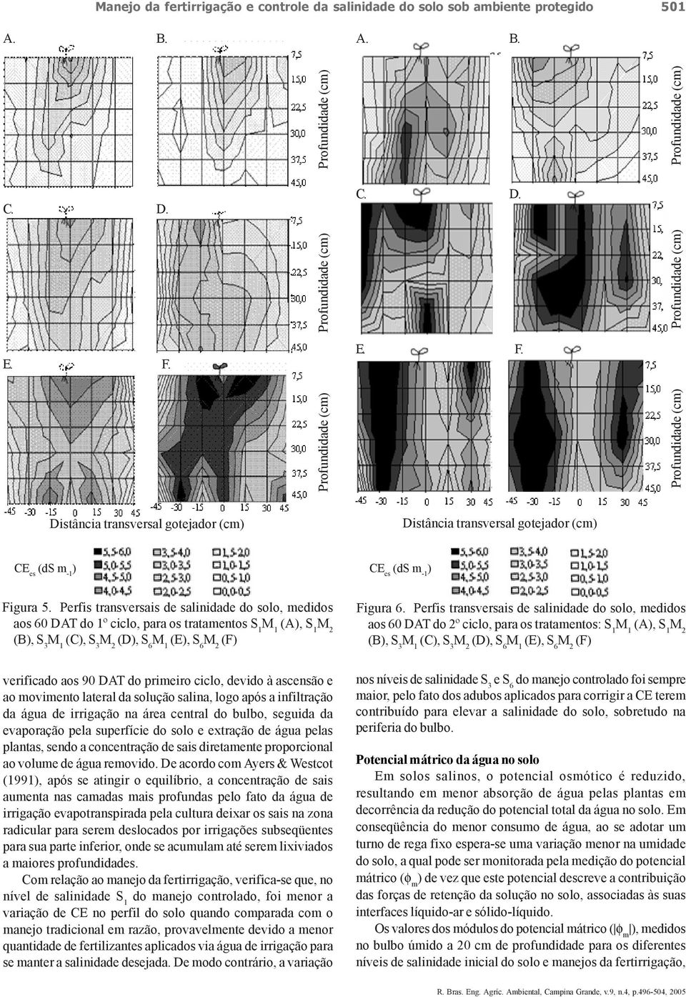 Perfis transversais de salinidade do solo, medidos aos DAT do 1º ciclo, para os tratamentos S 1 (A), S 1 (B), S 3 (C), S 3 (D), S (E), S (F) verificado aos 9 DAT do primeiro ciclo, devido à ascensão