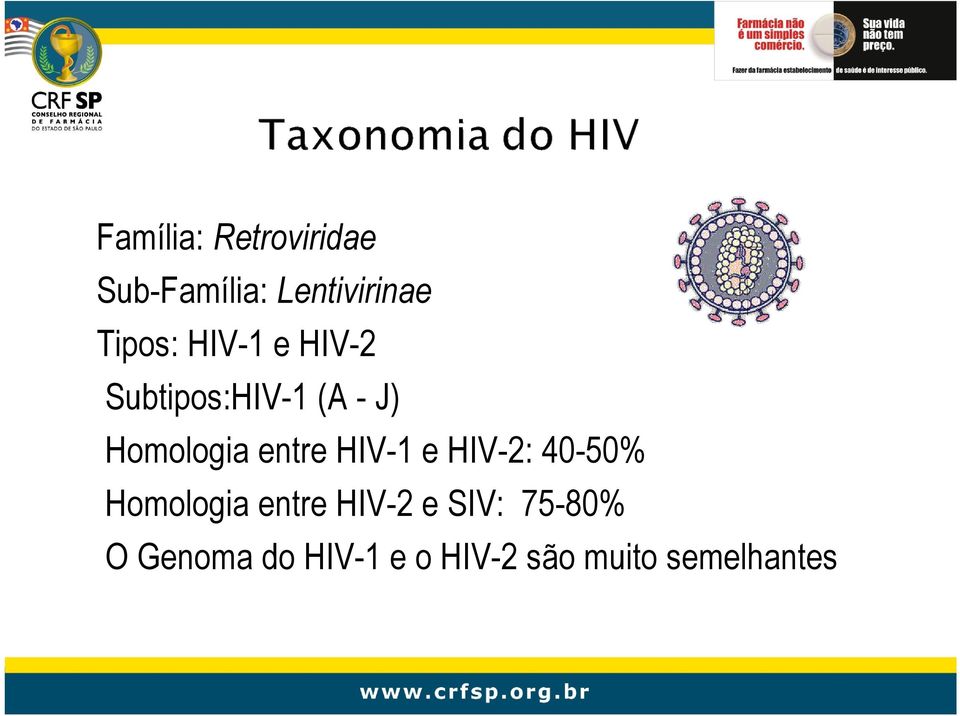 entre HIV-1 e HIV-2: 40-50% Homologia entre HIV-2 e