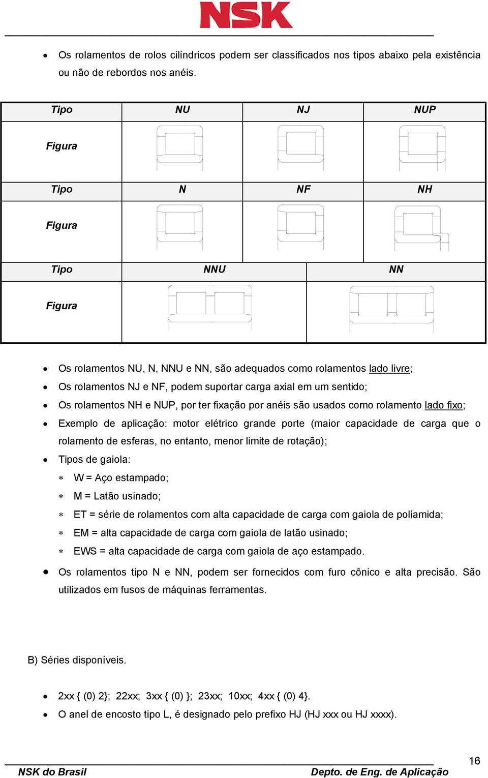 Os rolamentos NH e NUP, por ter fixação por anéis são usados como rolamento lado fixo; Exemplo de aplicação: motor elétrico grande porte (maior capacidade de carga que o rolamento de esferas, no