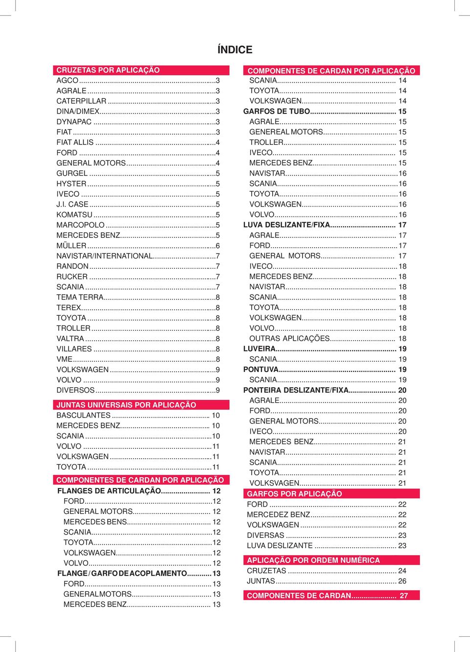 ..9 VOLVO...9 DIVERSOS...9 JUNTAS UNIVERSAIS POR APLICAÇÃO BASCULANTES...0 MERCEDES BENZ... 0 SCANIA... 0 VOLVO... VOLKSWAGEN... TOYOTA... COMPONENTES DE CARDAN POR APLICAÇÃO FLANGES DE ARTICULAÇÃO.