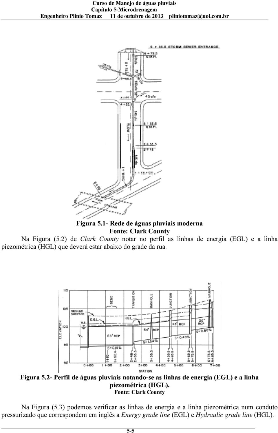 Figura 5.2- Perfil de águas pluviais notando-se as linhas de energia (EGL) e a linha piezométrica (HGL).