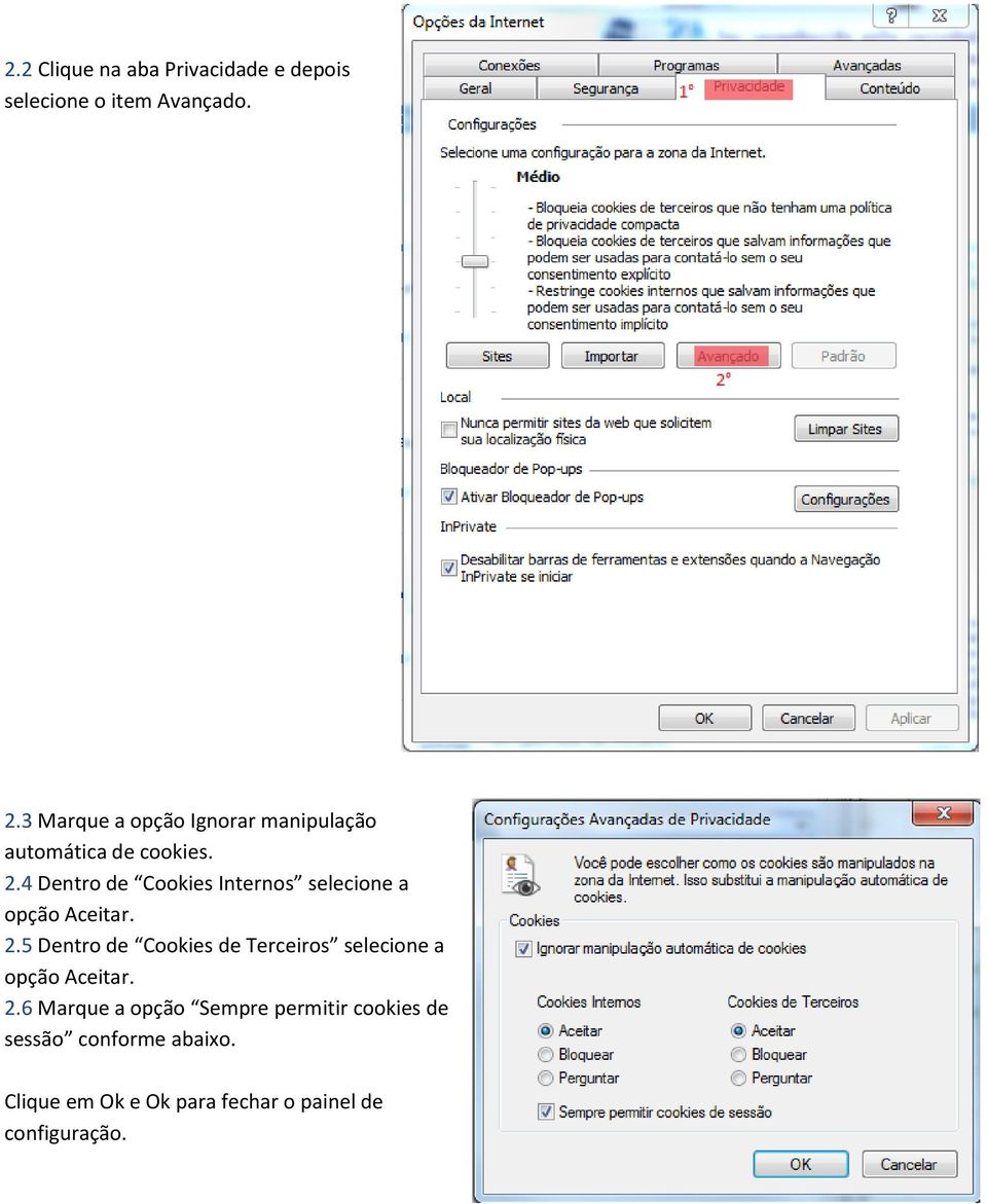 4 Dentro de Cookies Internos selecione a opção Aceitar. 2.